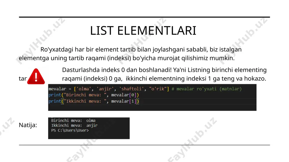 'farruh', 'hamid', 'odil', 'shamsiddin', 'temur'] asl ro'yxat o'zgarmas qoldi: ['odil', 'hamid', 'temur', 'avazbek', 'farruh', 'shamsiddin'] sorted() funktsiyasi yordamida teskari tartiblash uchun ham reverse=true argumentini beramiz: natija: ['temur', 'shamsiddin', 'odil', 'hamid', 'farruh', 'avazbek'] yuqoridagi ikki usul bilan sonli ro'yxatlarni ham tartiblashimiz mumkin: [11, 12, 34, 34, 65, 76, 98] [98, 76, 65, 34, 34, 12, 11] ro'yxatni aylantirish ba'zida ro'yxatni aylantirish (boshini oxiriga, oxirini boshiga) talab qilinishi mumkin. buning uchun .reverse() metodidan foydalanamiz. ro'yxatning uzunligini bilish ro'yxatning uzunligi, ya'ni uning ichidagi elementlar sonini aniqlash uchun len() funktsiyasidan foydalanamiz: sonli ro'yxat ustida sodda amallar pythonda ro'yxatlar ustida ba'zi sodda amallarni ham bajarish mumkin. misol uchun ro'yxatdagi eng kichik sonni topish uchun min() funktsiyasidan, eng katta sonni topish uchun esa max() funktsiyasidan, sonlarning yig'indisini topish uchun esa sum() funktsyasidan foydalansak bo'ladi: amaliyot uchun vazifa yana nok ham sotib olish kerak endi xaridlar ro'yxatim quyidagicha: ['olma', 'anor', 'shaftoli', 'nok'] ro'yxatimni saralayman saralangan xaridlar ro'yxati …