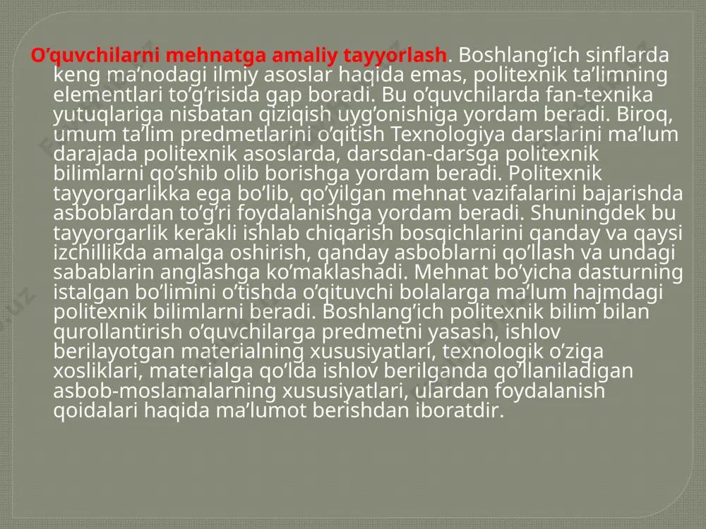 roda va axloqiy sifatlarning rivojlanishiga yordam beradi. texnologiya ta’limida mehnatga psixologik tayyorgarlik, mehnat faoliyatining to’g’ri motivlari tarbiyalanadi, shaxsning har bir ongli mehnatkash uchun zarur bo’lgan sifatlari shakllanadi. darslarning jihozlanganligi o’z mehnati uchun shaxsiy ma’suliyatni, mehnat madaniyatini tarbiyalashda katta ahamiyatga egadir. agarda bolalar yomon jihozlangan sinfda, qupol, og’ir va yoshlariga nomunosib asboblar bilan shug’ullansalar ish natijalari ko’ngildagidek bo’lmaydi. agarda bola har bir qadamda tartiblilikka, aniqlikka rioya qilish lozimligiga ishonch hosil qilinmasa, bolalarni mehnatga muhabbat ruhida tarbiyalashda muvaffaqiyatga erishish haqida gapirish qiyin. mehnat malakalari madaniyati u yoki bu mehnat jarayonida belgilangan tartibga va harakat izchilligiga rioya qilish kerakligini muntazam tushuntirib borish bilan birga bo’ladigan ko’p mashq qilishlar natijasida tarkib topadi. o’quvchilar o’rtasida yo’lga qo’yilgan o’zaro yordam esa, ularda do’stlik, birodarlik, umumlashish, jamoatchilik kabi fazilatlarni tarbiyalaydi. mehnatga axloqiy tayyorlash – o’quvlarga jamoada ishlashni, o’zaro do’stona yordamni, ijodiy tashabbuskorlikni, tashkilotchilik qobiliyatlarini namoyish qilish, mehnat kishilari va mehnat natijalarini xurmat kilishga o’rgatishdan iboratdir. mehnatga ruhiy …