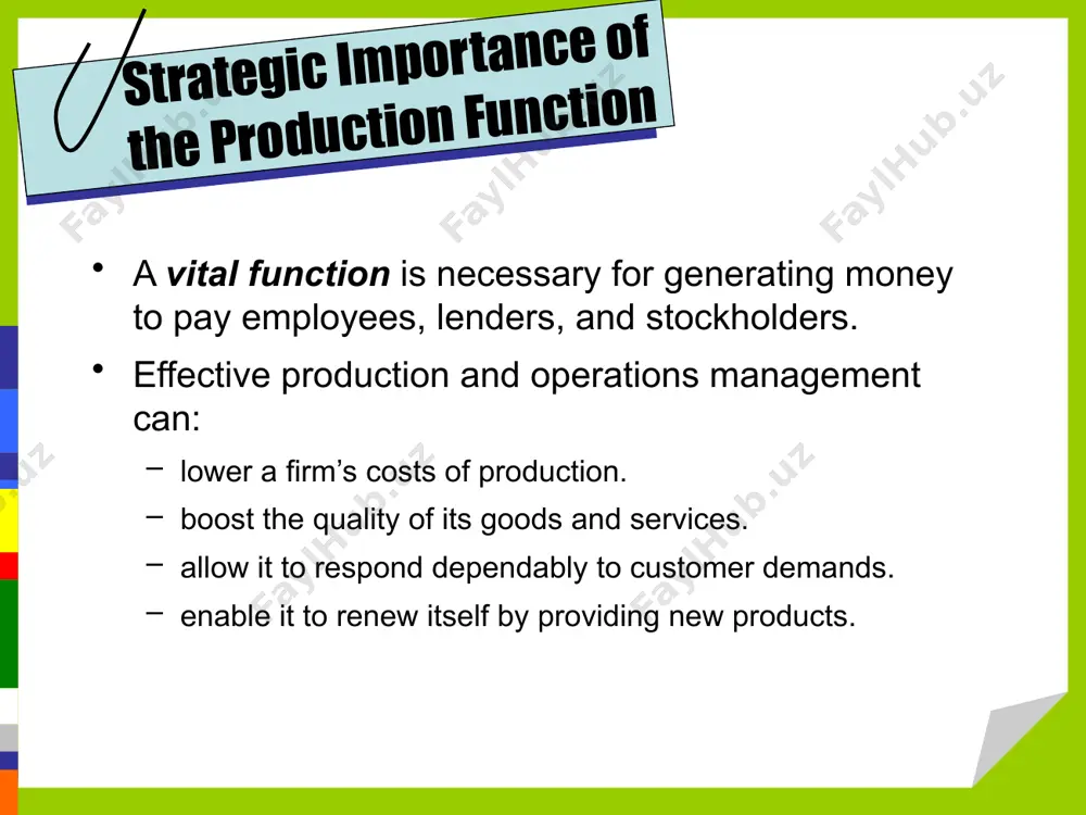 n implementing the production plan, managers must think about whether to make, buy or lease the product or components. managers must think about cost and availability. the selection of suppliers is important to think about quality, prices, and delivery. inventory control perpetual inventory vendor-managed inventory just-in-time systems improving profits and return on investment by minimizing costs and eliminating waste through cutting inventory on hand. materials requirement planning computer-based production planning system by which a firm can ensure that it has the correct materials for production. inventory control 16 inventory control is an important part of a production process. there can be 100s or more than 1,000s of parts and supplies required to produce one product. these materials can be costly to order, warehouse and manage. inventory must be effectively managed. two important types of inventory: perpetual inventory : systems continuously monitor the amounts and locations of stocks. vendor-managed inventory : …