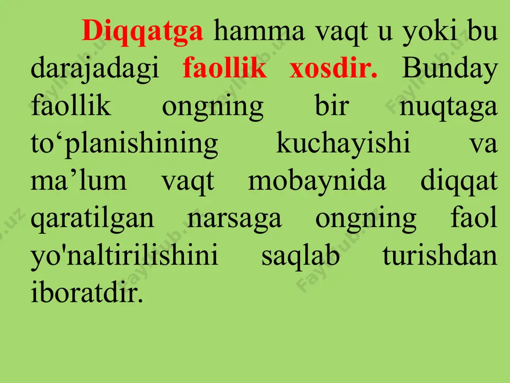 bo’ladi. barcha ortiqcha harakatlar to‘xtatilib, organizm qimirlamay qoladi. muskullar sistemasi ayrim bir tarang holatda bo’ladi. diqqat paytida organizm alohida vaziyatda bo’ladi. ammo bu vaziyat diqqatning faqat tashqi ifodasi bo’libgina qolmay, balki uning ma’lum yo’lialishi va barqarorligini saqlab turuvchi shartlardan biri hamdir. odatda, biz ishimizda organizmning diqqat paytida sirtdan moslashuviga e’tibor beramiz. shuning uchun ko'pincha, biror ishni boshlashdan oldin organizmimizni shu ishga moslab, muayyan bir vaziyatda turib olamiz. 3. diqqatning turlari diqqat dastavval o'zining faolligi jihatidan — ixtiyorsiz va ixtiyoriy deb farqlanadi. diqqat asosan ikki turga, ya’ni ixtiyorsiz va ixtiyoriy diqqat turiga ajratiladi. biron tashqi sabab bilan va bizning xohishimizdan tashqari hosil bo'ladigan diqqatni ixtiyorsiz diqqat deyiladi. ixtiyorsiz diqqatni tug'diruvchi sabablar, avvalo, bizga ta’sir qiiuvchi qo'zg'ovchilarning qandaydir mashhur xususiyatlaridir: chunonchi, ularning go'zalligi, yorqinligi, kuchi, kattaligi, harakatchanligi, uzoq davom etishi, to'satdan sodir bo’lishi, kontrastligi va hokazo. masalan, shiqildoqli chiroyli va yaltiroq o'yinchoq bog'cha yoshigacha bo’lgan bolalarning diqqatini o'ziga jalb qiladi. qattiq tovush …