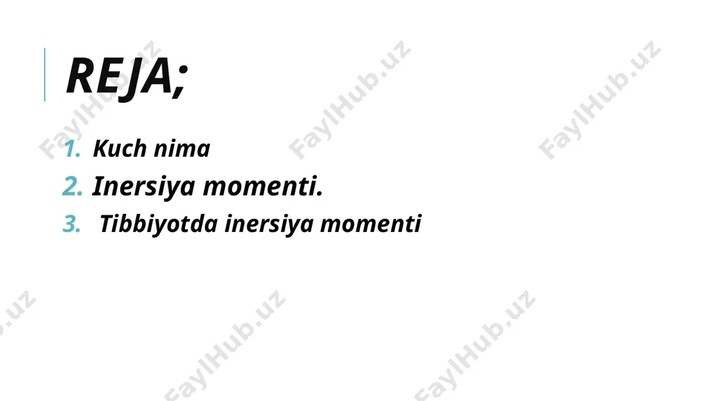 mga taʼsir etuvchi sof kuch uning impulsi oʻzgarishiga ketadigan vaqt hosilasiga tengdir.[2] 2. inersiya momenti. inersiya momenti barcha aylanma harakat qilayotgan jismlarni tavsiflashda ishlatiladi. bu skalyar kattalik bizga biror aylanish oʻqidagi jismning burchak tezligini oʻzgartirish qanchalik qiyinligini bildiradi. aylanma harakatda inersiya momenti xuddi toʻgʻri chiziqli harakatdagi massaga oʻxshaydi. haqiqatan ham, inersiya momenti jismning massasiga proporsional. shuningdek, u bu massa aylanish oʻqi atrofida qanday taqsimlanganiga ham bogʻliq. massa markazi aylanish oʻqidan uzoqlashgani sayin uning burchak tezligini oʻzgartirish qiyinlashib boradi. bunga sabab shuki, endi massa oʻzida kattaroq impulsni mujassamlashtirgan (uning tezligi ortishi tufayli), chunki impuls vektorining yoʻnalishi tezroq oʻzgaradi. har ikkala kattalik massadan aylanish oʻqigacha boʻlgan masofaga bogʻliq. inersiya momenti harfi bilan belgilanadi. radiusli aylana boʻylab harakatlanayotgan massali tennis koptokchasining inersiya momenti quyidagi formula orqali topiladi: i = mr^2 shu bilan birga, inersiya momentining si dagi birligi . inersiya momenti ayrim manbalarda aylanma harakat inersiyasi deb ham ataladi. shuningdek, u ikkinchi massa …