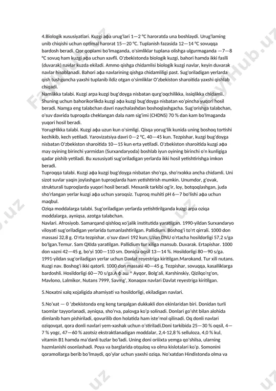 ilyutin—1774, samarqand jaydari, tashkentskaya—3192, tashkentskaya—1,tashkentskaya—1728, tashkentskaya—2009, xiva jaydari, xarez/nskaya—2. 3.kartoshkaning biologik xususiyatlari (tuproqqa, haroratga, namlikka, yoruglikka talabi), hosildorligi va navlari. 3.biologik xususiyatlari. hamma ekinlar singari kartoshkaning o'sishi,rivojlanishi va yuqori hosil to'plashi uchun suv, issiqlik, yorug'lik, oziqmoddalar, kislorod optimal miqdorda zarur. uning ekologik omillarga boigan talabini o'rganish uchun u kelib chiqqan joyning iqlimini yaxshi bilish juda muhim. haroratga talabi. kartoshka nisbatan salqin ob-havo sharoitida yaxshi rivojlanadi. tuganakdagi ko'zchalarda joylashgan kurtaklar 3—6 °c dako'kara boshlaydi. tuganaklar 7—12 °c da tezroq rivojlanadi, 20 °c dajadal o'sadi. uning ildizlari harorat 7 °c dan kam bo'lmagandaginahosil bo'ladi. shuning uchun u tuproqning 10 sm chuqurligida harorat7—8 °c da ekiladi. ko‘kartirilgan tuganaklar o‘tqazilgandan keyin ekish-unib chiqish davri 14—18 kun, ko'kartirilmaganlari uchun 20—30 kunni tashkil etadi.o'rtacha harorat 10—18 °c bo'lganda, o'rtacha sutkalik harorat yig'indisi 243—316 °c ni tashkil qiladi. juda past yoki yuqori haroratda ko'karish jadalligi pasayadi. harorat 3—5 va 31—35 °c bo'lganda ularning o'sishi va rivojlanishi to'xtaydi, …