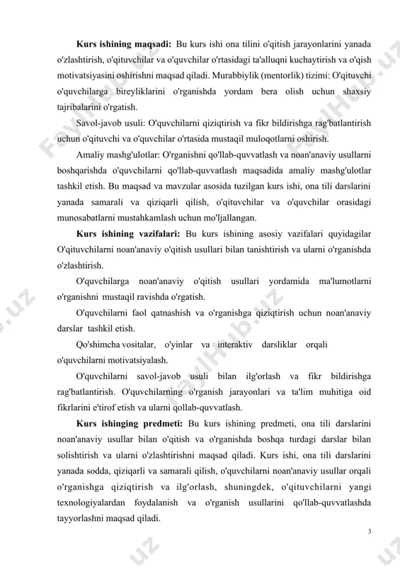 tik aloqalar va grammatik strukturani hisobga olish, ularning o‘zaro bog‘lanishini tushunish muhim ahamiyatga ega. kurs ishida gapni tuzishda yuzaga keladigan xatolar, ulardan qanday qochish, shuningdek, turli usullar orqali gap ustida qanday ishlash mumkinligi haqida ham so‘z yuritiladi. bu o‘rganish jarayoni nafaqat til o‘rganish jarayonida, balki kundalik muloqotda ham foydali bo‘lishi mumkin. i-bob. savod o’rgatish davrida gap ustida ishlashning tutgan o’rni va uning mohiyati 1.1. savod o’rgatish davrida gap ustida ishlash va uning mohiyati o’zbekiston respublikasi prezidentining 2019-yil 21-oktabrdagi ”o`zbek tilining davlat tili sifatidadagi nufuzi va mavqeini tubdan oshirish chora tadbirlari tog`risida”gi farmoni ijrosini ta’minlash maqsadida ”2020-2030- yillarda o’zbek tilini rivojlantirish hamda til siyosatini takomillashtirish konsepsiyasi” qabul qilindi. bu respublikamizda davlat tili to’g’risidagi qonunchilikni takomillashtirish va o’zbek tilinining xalqaro miqyosdagi obro’- e’tiborini oshirishga xizmat qiladi. til fikrni shakllantirish va bayon qilish, taassurot, his, kechinmalarni ifodalashda muhim o’rin tutadi. savod o‘rgatish, ya'ni o‘qish va yozish malakalarini shakllantirish, tilshunoslik va muloqot jarayonida muhim …