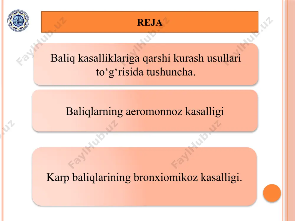 jayinlarni yo‘qotish. 6) kuchli immun xususiyatiga ega bo‘lgan zotlarni yaratish. 7) baliqlarni profilaktik ishlov berish ishlarini almalga oshirish. 8) veterenariya tashkilotining ruxsatisiz xo‘jalikka baliq kiritmaslik va chiqarmaslik. 9) keltirilgan baliqlarni qaysi yoshda bo‘lishidan qat’iy nazar, albatta izolyasiyaga (karantin xovuzga) saqlash. 10) keltirilgan baliqlarni karantindan so‘ng antiparazitar vannalar orqali hovuzlarga qo‘yish. 11) suv tushadigan sarjinalarda filtr qo‘yish, axlatlarni xovuzga o‘tkazmaslik. 12) hovuzga kiradigan suv dezenfeksiya va suvni gidroximiyaviy analiz namunalari olinishi shart. 13) suv havzasiga suv oqimlarini qo‘ymaslik. 14) baliqlar degelmintizatsiyasi uchun maxsus hovuzlar tayyorlash. 15) ovlash qurollari va ishlatiladigan qurollarni olib o‘tishga yo‘l qo‘ymaslik. 16) baliqlarni va baxorgi profilaktik jixatdan qayta ishlash, kasal baliqlarni davolash, shularni xo‘jalik hovuzlarining o‘zida bajarish. baliqlarni o‘tkazish paytida tana haroratining pasayib ketishiga yo‘l qo‘ymaslik. 17) tabiiy suvliklarda leskali (xitoy, tailand maxsuloti) turlarni ishlatishdan voz kechish. 18) tabiiy ko‘llarning har 1000 gektar suvlik uchun bitta qayiq va 800-1000 metr uzunlikda kapron to‘r ishlatish. 19) tabiiy ko‘llarda …