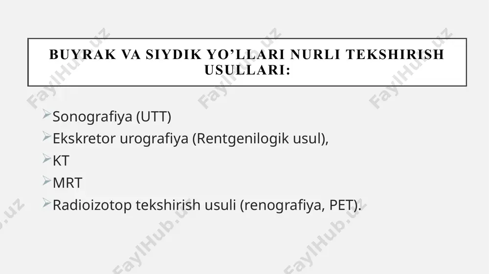 uyrak parenhimasida nogomogen gipoexogen struktura – buyrak abssessi . ekskretor urografiya ekskretor urografiya – rentgenologik usul bo’lib vena ichiga kontrast modda yuborilib tekshiriladi. tayyorgarlik. asosiy maqsad yo’g’on ichakdan gazni yo’qotish. 1)6 soat ochlik 2) ich yumshatuvchi (30 soat va 24 soat oldin) 3) klizma ertalab va kechqurun. ekskretor urografiyada siydik yo’llar ko’rinishi buyrak funksiyasiga bog’liq va u buzilganda siydik yo’llari yaxshi yoki umuman ko’rinmaydi. o’tkazilish metodikasi. qorin bo’shlig’ini obzor rentgenografiya qilinadi(bemorni tayyorgarlik holati va rentgen-pozitiv toshlarni aniqlash uchun) qon tomirga rentgen-kontrast modda yuboriladi vaqt mobaynida 5-7, 10-15, 15-20 min buyrak va siydik qopi tasviri olinadi. kerak bo’lsa kechiktirilgan tasvir 40 min - 2 soatgacha vaqtga olinishi mumkin. buyrak funksiyasi pasayganda infuzion ekskretor urografiya o’tkazilishi mumkin (kontrast qon tomir orqali yuboriladi). oddiy rentgenografiyadan maqsad: bemorni tayyorgarligini ko’rish buyrakdagi kalsinatlar buyrak atrofidagi to’qimalar patologiyasini ko’rish (yo’g’on ichakdagi gaz, umurtqa). ekskretor urografiya axamiyati: siydik chiqarish yo’llari kosa jomlar, siydik nayi, siydik qopi va …