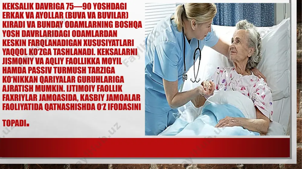 tqning tuzilishiga bo‘ysunmay qoladi. psixologiyada qariyalarda aqdiy faollikni o‘rganishda korrek- sion sinov va krepylin sinovidan foydalaniladi. kamolotning umumiy modeli u.shayening uch omilli variantlari yordamida yaratiladi. hozirgi zamon psixologiya fanida keksalikni uchta tomondan: ontogenez psixologiyasi, psixogerontoloshya va tibbiyot psixoloshyasi yo‘nalishlarida o‘rganish zarur ma’lumotlar to‘plash imkoniyatini bermoqda. soglom qariyalarda donishmandlyk umrning oxirgi nafasiga qadar saqdanishi tajribalarda qayd qilindi. psixopatologik qolatlar barcha qariyalar uchun majburiy bosqich emasligi ham tasdiqdangan. keksalik davrida, umuman aellar bilan erkaklar o‘rgasidagi donishmandliqda farq mavjud bo‘lsa ham, lekin qariyalar orasidash donishmandlik, donolik xislatlari ham ikkala jinsga xosdir. shuning uchun ikkala jins o‘rtasida biologik qarishda tafovut mavjud bo‘lsa-da, lekin ruhiy jihatdan zaiflashuv jarayonida o‘zaro yaqinlik hukm suradi. g.leman o‘z tadqiqotlarida ijodiy faollikning o‘ziga xos ko‘rinishlarini yozuvchi misolida o‘rgangan. muallif hind yozuvchisi r.tagorning ijodiyotini tahlil qylib, uning ijod cho‘qqisi 69 yoshda bo‘lganini aniqdagan (yozuvchilar ijodiyot cho‘qqisi 34 yoshda, 43 yoshda ham uchraydi). r.tagorning 25 yoshida yozgan “kslin” she’ri bilan 78 yoshida …