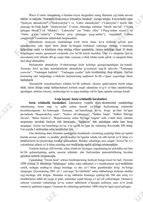 lis vakillari 9 kishidan iborat bo‘lgan umumjahon adolat uyi a'zolarini saylaydilar. har besh yilda saylanadigan umumjahon adolat uyi umumjahon bahoiylar jamiyatining faoliyatini boshqarib boradi. bahoiylikda har biri 19 kunlik 19 oydan iborat bo‘lgan diniy taqvim qabul qilingan. har 19 kunda jamoaning barcha a'zolari ibodat qilish, jamoa bilan bog‘liq ishlarni muhokama qilish, o‘zaro birodarlik aloqalarini mustahkamlash uchun yig‘iladilar. kuniga uch marta isroilning akka shahriga qarab ibodat qilinadi. umumiy ibodat duo o‘qish, meditasiya hamda bahoiylikning asosiy kitoblari va jahon dinlari muqaddas kitoblaridan matnlar o‘qish orqali amalga oshiriladi. har yili 2 martdan 20 martgacha bahoiylar kun chiqardan kun botgunga qadar ovqat va suvdan o‘zlarini tiyib, ro‘za tutadilar. bahoiylarning muqaddas ibodatxonasi akka shahrida joylashgan. xayfa shahri muqaddas shahar hisoblanib, dunyo bahoiylarining ziyoratgohi hisoblanadi. bu yerda bob ibodatxonasi, 1957 yilda bahoiylikning rahbarlik organi sifatida tashkil etilgan umumjahon adolat uyining qarorgohi joylashgan. ahmadiylik (qodiyoniylik). g‘ayriislomiy mohiyat va diniy-siyosiy mazmunga ega bo‘lgan ahmadiylik oqimi xix asrning oxirlarida …