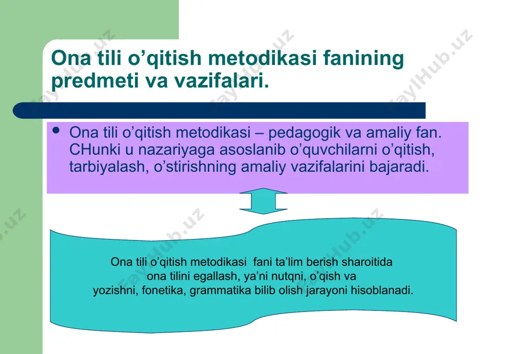 o`quvchidan to`la ijodiylikni talab etadi. yangi bilimlar olish maqsadida o`quvchi o`zi masala tuzishi va uni to`la mustaqil ravishda hal qilish yo`llarini izlaydi. o`qituvchi yordamisiz, yoki namunaga asoslanmagan holda bajariladi. mazkur tasnifning ustunligi shundaki, o`quvchilarning bilish faoliyatini bosqichma-bosqich faollashtirish nazarda tutilgan hamda unda o`quvchilarning qobiliyatlarini rivojlantirishga va o`quv faoliyati tarkibida tadqiqotchilik unsurlari bo`lishi zarurligiga e`tibor berilgan. ona tili o`qitish metodikasida ta’lim metodlari kam o`rganilgan masalalardan biridir. metodist h.rustamov bilimlarni olish manbaidan kelib chiqib, oan tili o`qitish metodlarini quyidagicha tasniflaydi: a) o`qituvchining bayoni; b) suhbat; s) til hodisalarini kuzatish va tahlil qilish; d) grammatik tahlil; e) mashq; f) darslik ustida ishlash; g) ko`rgazmali qurollardan foydalanish; h) sayohat. yuqorida berilgan tasniflar ta’limning umumiy qonuniyatlaridan kelib chiqib, barcha fanlarni o`qitishga bevosita aloqador metodlar sanaladi. xususiy metodlar, shu jumladan, ona tili o`qitish metodikasi ham o`qitishning barcha masalalari qatori ta’lim metodlarini tanlashda mumudidaktik sistemaga asoslanilsa-da, ammo uning o`ziga xos xususiyatlaridan kelib chiqadigan metodlari ham mavjud. xulosa …