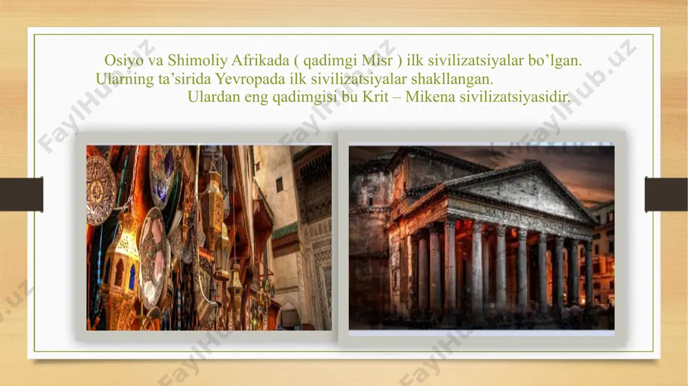 ab hozirgi peru davlati hududida yashagan) ham o‘z davlatlarini tashkil etganlar. davlatni oliy hukmdor – oliy inka boshqargan. oliy inkaning yaqin qarindoshi bo‘lgan erkaklar o‘zlarini «quyosh o‘g‘illari» deb atashgan. bunga inklarning quyoshni «bosh xudo» deb hisoblashlari sabab bo‘lgan. «quyosh o‘g‘illari» davlatda yuqori lavozimlarni egallaganlar. inklar qudratli sug‘orish tizimi bunyod etganlar. xarsangtoshlardan mudofaa inshootlari qurganlar. ayniqsa, ular yaratgan uch qavatli tosh devorli quyosh ibodatxonasi mashhur bo‘lgan. ibodatxona devorlari yarmigacha oltin bilan qoplangan. imperiyaning barcha shaharlari bir-biri bilan tarmoq orqali bog'langan edi a'lo yo'llar. kichik yo'llar ulangan ikkita asosiy magistral trassa mamlakatning shimoliy va janubidagi ekstremal nuqtalarni bog'lab turar edi inka shahri macha pikchu machu – pekchu bu inklar shahri bo’lib. ispanlar davrida so’ng qarovsiz qolgan. 1911- yilda hiram bingham tomonidan topilgan. 1970 – yilga kelib shaharning 3/1 qismi ochilgan. 1983 – yilda shahar yunesco ming butun jahon madaniy meroslari ro’yxatiga kirgan. image5.png image6.png image7.jpeg image8.jpeg image9.jpeg image10.jpeg image11.jpeg image12.jpeg image13.jpeg image14.jpeg …