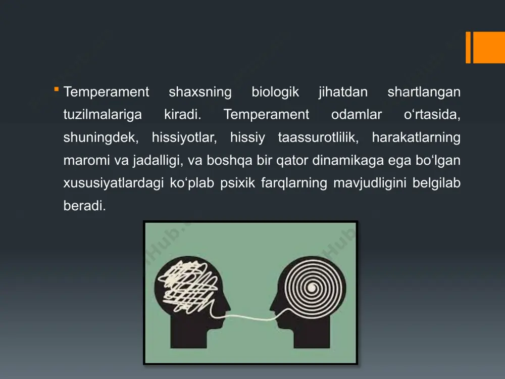 gini va iste’dodini belgilamaydi. ko‘zga ko‘ringan iste’dod egalaridan faoliyatning turli sohalarida turlicha temperament sohiblarini topish mumkin. masalan, a.s. pushkin – xolerik, a.i. gersen – sangvinik, n.v. gogol va v.a. jukovskiy – melanxoliklar, i.a. krilov va i.a. goncharov – flegmatiklar. ikki rus yirik sarkardalari a.v. suvorov – xolerik, m.i. kutuzov esa – flegmatik. lekin barcha odamlarni shu to‘rt xil asosiy temperamentlarga ko‘ra ajratish mumkin deb o‘ylash xatodir. faqat ba’zilargina bu tiplarning sof vakillari bo‘lib hisoblanadi; ko‘pchilik odamlarda esa biz temperamentlarning aralash tiplarini kuzatamiz. temperamentlardan qay birining ustunligi haqidagi masalani ko‘rishga zaruriyat tug‘ilmaydi. har bir temperament o‘zining ijobiy va salbiy tomonlariga ega. xolerikning ehtirosliligi, faolligi va quvvati, sangvinikning ta’sirchanligi va shayligi, melanxolik hislarining chuqurligi va barqarorligi, flegmatikning xotirjamliligi va shoshqaloqligining mavjud emasligi – bularning barchasi nomlari zikr etilgan temperamentlarining ijobiy tomonlari shu bilan birga, ularning salbiy tomonlarini ham ko‘rsatib o‘tish mumkin. sangvinik temperamenti engil tabiatlikka moyillik, hislarning etarlicha chuqur va barqaror emasligiga …