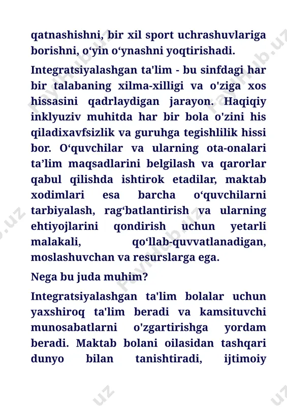 satilishi kerak. integratsiyalashgan ta'limning afzalliklari har bir bolaning individual qobiliyatini rivojlantirish. ota-onalarni jalb qilishmaktabning madaniy-ma'rifiy va ma'rifiy faoliyati. hurmat va inklyuzivlik maktab madaniyatini shakllantirish. integratsiyalashgan ta'lim individual farqlarni tan olish va qabul qilish imkoniyatini beradi, bu esa jamoada ta'qib va zo'ravonlik xavfini yo'q qiladi. boshqa bolalarning keng doirasi bilan doʻstlikni rivojlantirish, ularning shaxsiy ehtiyojlari va qobiliyatlarini tushunish. integratsiyalashgan ta'lim uchun shart-sharoitlar integratsiyalashgan ta'lim uchun shart-sharoitlar yangi ishlaydigan tizim integratsiyalashgan oʻrganish ixtiyoriy. avvalo, ota-onalarning fikriga va bolaning o'zi istagiga tayanishga arziydi. taxminan aytganda, integratsiya alohida komponentlarning bir butunga birikmasidir. ta'limga kelsak, bu jarayonni sog'lom bolalar va har qanday og'ishlarga ega bo'lgan bolalarning sof mexanik birlashmasi deb atash mumkin emas. bu bolalar, o'qituvchilar, tuzatish bo'yicha mutaxassislar o'rtasidagi o'zaro munosabatlarning murakkab to'plamidir. bu mahalliy narsa emas, chunki barcha sohalarda maktab faoliyatini tashkil etishda yaxlit va tizimli yondashuv zarur. innovatsion texnologiyalar ta’lim tizimini modernizatsiya qilish innovatsion g’oyalar va yechimlardan faol foydalanishni o’z ichiga oladi. …