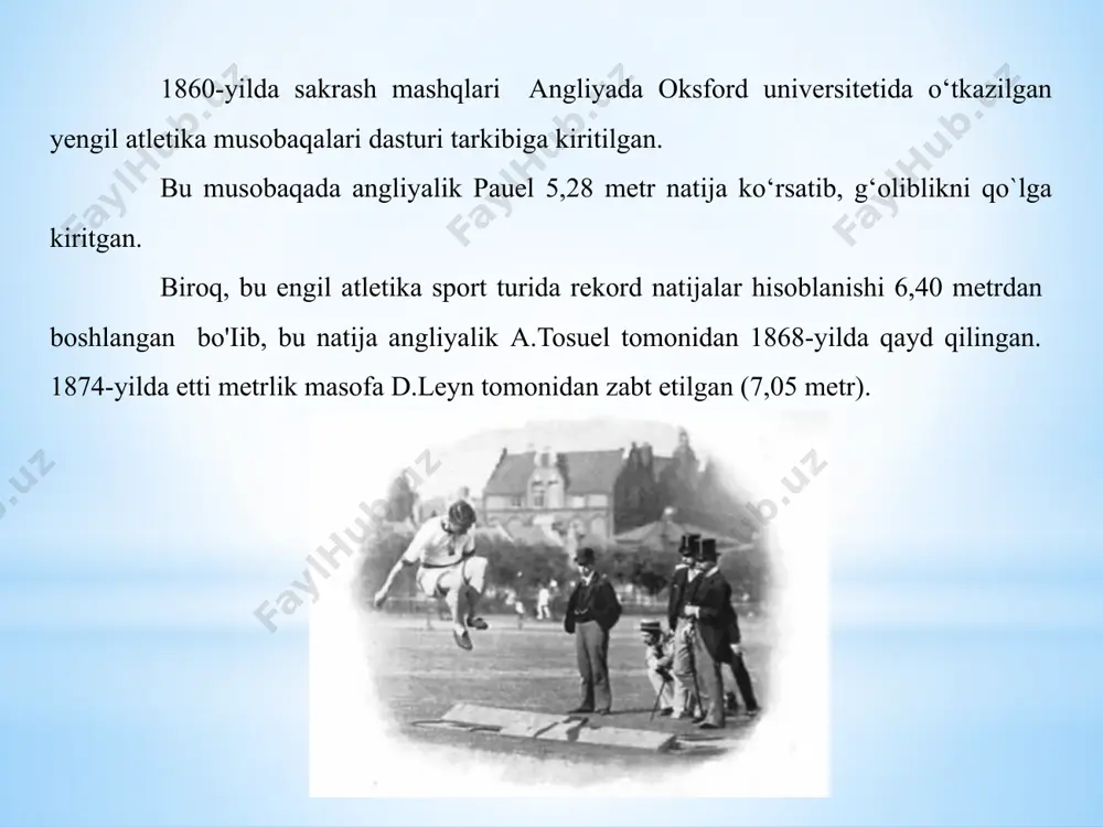 motlar keltiriladi, eramizgacha 708-yiida o‘tkaziigan xviii olimpia o ‘yinlarida pentatlon (bu sport turi tarkibiga ko‘p marta takroriylikda sakrash ham kiritilgan) bo‘yicha dastlabki chempion lankaniyalik lampis bo‘lganligi keltiriladi. navbatdagi davrlarda sakrash texnikasi va mashqlar tarkibidagi elementlar miqdori doimiy ravishda o‘zgartirib borilgan, bu holat yevropa va amerika mamlakatlarining iqlim va labiiy shart - sharoitlaridan kelib chiqqan holatda amalga oshirilgan. yakuniy holatda, uch hatlab sakrashning quyidagi uchta texnik uslublari shakllangan: jumladan, grekcha «qadam tashlash» + «qadam tashlash» + «sakrash», irlandiyacha «sapchish» + «sapchish» + «sakrash» va shotlandiyacha «sapchish» + «qadam tashlash» + «sakrash». 1908-yilda sakrashning shotlandiyacha uslubi qonuniylashtirilgan va bu qoidalar hozirgi kunga qadar saqlanib qolgan. uch hatlab sakrash bo‘yicha dastlabki dunyo rekordi qonuniy­ lashtirilgan uslubda amerikalik d.axern tomonidan 1911 —yil 30 - may sanasida nyu - york shahrida o‘tkazilgan musobaqalarda qayd qilinganbo‘lib, 15 metr 52 sm gateng natijako‘rsatilgan. 4.uch hatlab sakrashni o‘rgatish yugiirib kelib uch hatlab sakrash - yengil atletikadagi murakkab mashqlardan …