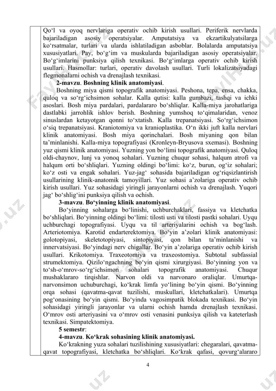 ko‘krak qafasi shikastlarida bajariladigan operativ ochib kirish usullari. torakotomiyaning lateral, orqa, oldingi turlari. qovurg‘alarni rezeksiya qilish texnikasi. torakoplastika usullari. qovurg‘alararo blokada texnikasi. mastitlardagi operativ aralashuv usullari. sektoral va radikal mastektomiya. diafragmal churralar xirurgiyasi. ko‘krak bo‘shlig‘ining klinik anatomiyasi. plevra, plevral bo‘shliq, plevral sinuslar. o‘pkalar, o‘pka ildizi va nafas yo‘llari klinik anatomiyasi. diafragma churralari. plevra bo‘shlig‘ini punksiya qilish va drenajlash. kekirdak intubatsiyasi. traxeo-, bronxoskopiya. pnevmonektomiya, lobektomiya, segmentektomiya. o‘pka jarohatiga chok qo‘yish. oldingi ko‘ks oralig‘i topografik anatomiyasi. perikard, yurak, timus, yuqori va pastki kavak vena. difragmal nervlar. ko‘tarilvchi aorta, aorta ravog‘i, pastga tushuvchi aorta. oldingi ko‘ks oralig‘ining operativ xirurgiyasi. perikard punksiyasi. yurakka operativ ochib kirish usullari. yurak jarohatiga chok qo‘yish. yurak va yirik tomirlar tug‘ma va orttirilgan nuqsonlarida operatsiyalar. perikarditlarda operatsiyalar. orqa ko‘ks oralig‘i topografik anatomiyasi. aortaning, qizilo‘ngachning ko‘krak qismi, ko‘krak limfa yo‘li, adashgan nervlar, ko‘krak simpatik poyasi. umurtqa pog‘onasining ko‘krak qismi. aortaning, qizilo‘ngachning ko‘krak bo‘limiga operativ ochib kirish usullari. qizilo‘ngachning transplevral rezeksiyasi, …