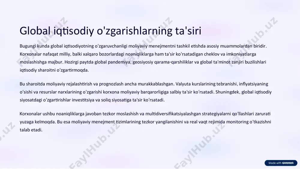 angilanishini va real vaqt rejimida monitoring o‘tkazishni talab etadi. raqamli texnologiyalarning integratsiyasi moliyaviy menejment sohasida raqamli texnologiyalarni joriy etish korxonalarga jarayonlarni avtomatlashtirish imkonini beradi. shu bilan birga, bu jarayon bilan bog‘liq qator muammolar ham yuzaga keladi, xususan, eski tizimlarni yangilash, xodimlarning texnologiyalarni o‘zlashtirishi va malaka oshirishi, hamda katta hajmdagi ma'lumotlarni xavfsiz boshqarish. blokcheyn, sun’iy intellekt va katta ma’lumotlar (big data) kabi ilg‘or texnologiyalar moliyaviy operatsiyalarni tezlashtirish va xatoliklarni kamaytirishga ko‘maklashadi. ammo ularning integratsiyasi xarajat talab qiluvchi, murakkab va ko‘pincha xavfsizlikka oid yangi tahdidlarni yuzaga keltiruvchi jarayon bo‘lib qolmoqda. korxonalar uchun asosiy vazifa – texnologik yechimlarni tanlashda ularning amal qilish sohasini, malaka darajasini va moliyaviy quvvatini hisobga olish. shuningdek, tezkor o‘zgaruvchan raqamli muhitda moslashuvchanlikni ta’minlash uchun doimiy investitsiyalar va o‘quv dasturlarini tashkil etish zarur. moliyaviy xavfsizlikni ta'minlash korxonalarda moliyaviy xavfsizlikni ta'minlash bugungi kunda katta dolzarb masalalardan biridir. kiberxavfsizlik tahdidlari, moliyaviy firibgarlik, ichki nazorat kamchiliklari va ma'lumotlarning noto‘g‘ri boshqarilishi korxonaning moliyaviy barqarorligini …