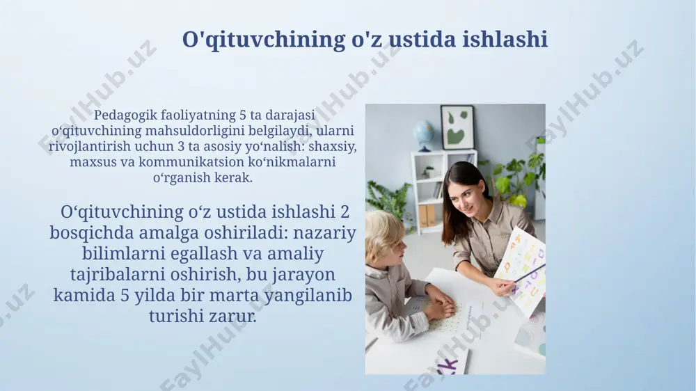 hining o'zi. pedagogik faoliyatning psixologik xususiyatlari pedagogik faoliyat 5 ta darajada – minimal reproduktivdan eng yuqori modellashtirilgan tizimli faoliyatgacha – tasniflanadi, bu o'qituvchining ta'lim samaradorligini ko'rsatadi. pedagogik faoliyat motivatsiya, maqsad, vositalar, usullar, mahsulot va natija kabi psixologik komponentlarni o'z ichiga oladi, bu esa o'quv jarayonini samarali tashkil etishda muhim rol o'ynaydi. pedagogik muloqotning psixologik jihatlari samimiy va ochiq muloqot o'rnatish, o'qituvchining kamida 2 ta asosiy vositasini (faol tinglash va konstruktiv fikr bildirish) qo'llash orqali o'quvchilarning intellektual va ijtimoiy rivojlanishiga ijobiy ta'sir ko'rsatadi. pedagogik muloqotda o'qituvchining empatiya qobiliyati, kamida 3 darajada (pastroq, o'rtacha, yuqori) baholanadi va bu o'quvchilar bilan munosabatlarning samaradorligiga ta'sir qiladi. e'tiboringiz uchun rahmat @taqdimot_robot image4.png image5.jpg image6.jpg image7.jpg image8.jpg image9.jpg image10.jpg image11.jpg image12.jpg image13.jpg image14.jpg image15.jpg image16.jpg image17.jpg image18.jpg image19.jpg image20.jpg image3.jpeg
