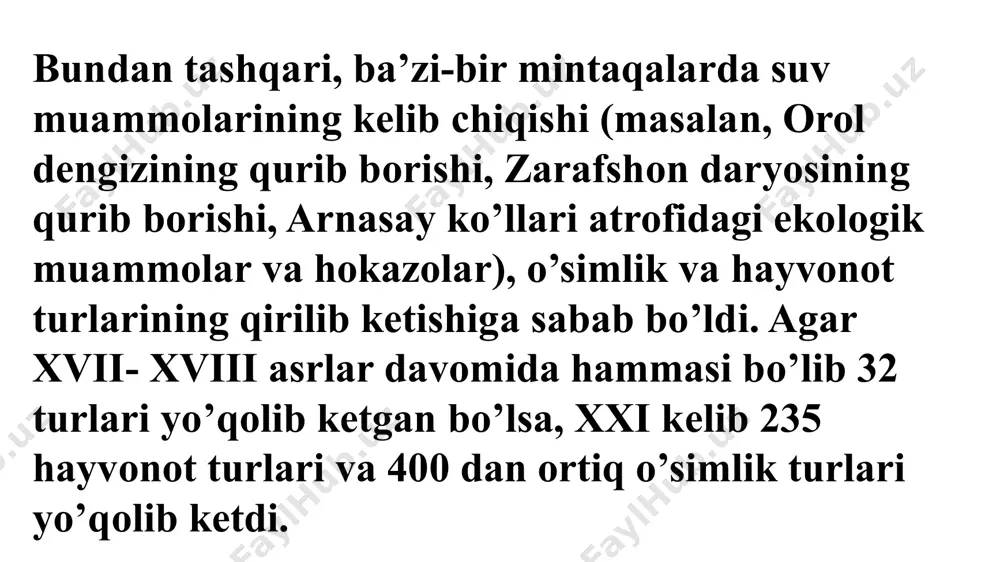 ldindan bashorat qilish, ularni boshqarish va inson uchun eng qulay muhitni saqlash. 3. populyasiyalar sonini boshqarish, ya’ni kimyoviy moddalardan oqilona foydalanish. 4. ekologik-huquqiy qonun-qoidalarni o’rganish va ularga qat’iy rioya qilish. 5. zararli chiqindilar, ularni zararsizlantirish yoki qayta ishlov berish yo’llarini ko’rsatish muhit, muvozanat va ekologik omillar. “muhit” tushunchasi turli ma’nolar (fizik muhit, geografik muhit, falsafiy muhit, ijtimoiy muhit va boshqalar)ni anglatadi. ammo ekologiyada muhit deb. tirik organizmni o’rab turgan fizik qurshovga ataladi. muhit tevarak-atrofdagi o’zaro bog’lanishlar, shart-sharoitlar va ta’sirlar majmuidir. muhit 2 xil bo’ladi. 1. tabiiy muhit. uni suv, quyosh, shamol, havo, yer, o’simliklar va hayvonot dunyosi birgalikda tabiiy holda vujudga keltiradi. 2. sun’iy muhit. u inson tomonidan yaratiladi, ya’ni bunda insonning mehnat mahsuli yotadi. tabiiy va sun’iy muhitlar o’zaro chambarchas bog’liq. mana shu bog’liqlikni ekologik muhit tushunchasi ifodalaydi. ekologik muhit tabiiy va sun’iy atrof-muhit bo’lib, tirik organizmlar ob’ekt va sub’ekt ta’sirlar sifatida qatnashib, ta’sirlar turi esa tevarak-atrofni saqlab qolish …