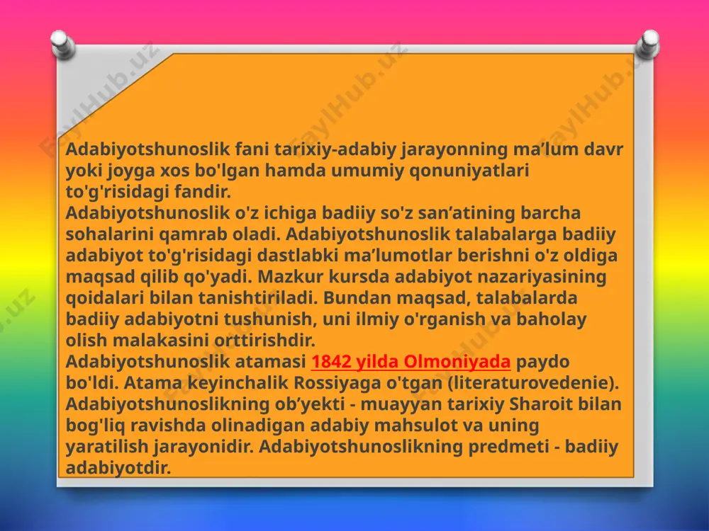 metodlarning paydo bo'lishi va taqdirini, har bir davr adabiyotining o'sha zamon bilan bog'liq xususiyatlarini ham o'rganadi, adabiyot faktlarini sistemalashtirib, umumlashtiradi. adabiyot tarqqiyotida har bir asar har bir yozuvchining o'rnini belgilab beradi. adabiyot tarixi alohida asarlarning tarixi va taqdirini ham o'rganadi. masalan, «o'tkan kunlar» romanining tarixi bor. bu roman 20-yillarda qoralangan so'zoshi bilan chiqqan. so'ngra to'liq kitob bo'lib chiqdi. 50-yillarda va undan keyin sekin-asta oqlandi. o'zbek adabiyoti tarixi bundan ikki yarim, uch ming yil oldin paydo bo'ldi. «avesto»ning ham kirib kelishi, kitob bo'lishiga 2700-2800 yil bo'ldi. 3000 yillik adabiyotimiz tarixining bo'limlari: 1.o'zbek mumtoz adabiyoti (eng qadimgi davrdan xix asr o'rtalarigacha). 2.xx asr o'zbek adabiyoti (90-yillargacha) 3.istiqlol davri adabiyoti (hozirgi kunlargacha). adabiyot tarixi har bir xalq adabiyoti taraqqiyotining o'sha xalq tarixi bilan bog'liq xususiyatlarini ochadi, uni boshqa xalqlar bilan solishtiradi, o'zaro aloqalarni qayd etadi, har bir xalq adabiyotining umuminsoniy madaniyat xazinasiga qo'shgan hissasini belgilaydi. adabiyot tarixi badiiy adabiyotni tarixiy taraqqiyot jarayonida o'rganadi. …
