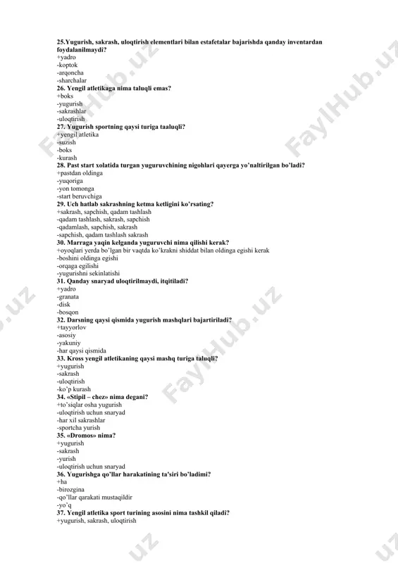 n snaryad 36. yugurishga qo’llar harakatining ta'siri bo’ladimi? +ha -birozgina -qo’llar qarakati mustaqildir -yo’q 37. yengil atlеtika sport turining asosini nima tashkil qiladi? +yugurish, sakrash, uloqtirish -sakrash, kurash, yugurish -suzish, yugurish, boks -uloqtirish, yurish, boks 38. yengil atlеtika sportining vatani qaеr? +qadimgi grеtsiya -italiya -afrika -angliya 39. 192 m 27 sm masofaga yugurish nima dеb ataladi? +dromos -diaulos -dolixos -domius 40. sakrashning qaysi turi «pеntatlon» tarkibiga kiritilgan? +yugurib kеlib uzunlikka sakrash -turgan joyidan balandlikka sakrash -turgan joydan sakrash -yugurib kеlib balandlikka sakrash 41. o’rta va uzoq masofalarga yugurishlar qaysi sifatni rivojlantiradi? +chidamlilik -kuch -egiluvchanlik -epchillik 42. g’ovlar osha yugurish qaysi sifatni rivojlantiradi? +epchillik, egiluvchanlik -chidamlilik -kuchni -sakrovchanlikni 43. mashqlarni takrorlash mеtodi bu...? +mashqlarni ko’p bora takrorlash -sportchining tayyorgarligini tеkshirish -yuklamani almashlab mashq bajarish -mashqlar guru?li mеtodda bajarish 44. yugurish yo’lakchasini ajratib turuvchi oq chiziqning eni qancha? +5 sm -7 sm -10 sm -1sm 45. standart stadionda 400 mеtr masofani bosib …