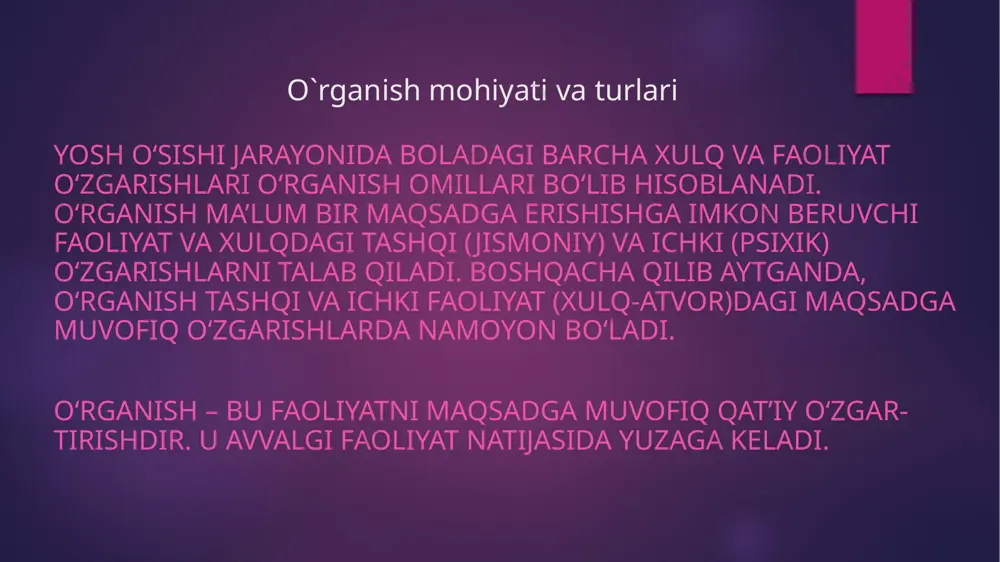 liq. bu vaziyat uchun qarshi kurashuvchi kuchlarning mavjudligi xosdir. umuman olganda, bu ziddiyatli holat hisoblanadi, shuning uchun u katta psixik zo‘riqish bilan bog‘liq ichki kuchni hamda individning o‘z-o‘zi bilan kurashishini talab qiladi. ziddiyat keskin bo‘lganda «vaziyatdan chiqish» tendensiyasi (inkor, qiyinchilikni chetlab o‘tish, nevroz) yuzaga keladi. unda o‘quvchi o‘qishni tashlaydi yoki «o‘zini tutolmay qoladi» – qoidalarni buzadi, loqaydlikka tushadi. shunga o‘xshash holat maktab amaliyotida ko‘p uchraydi. ta’limdagi muvaffaqiyatli vaziyat - insonni o‘qishga undovchi vaziyatdir. bunga fanlarga qiziqish, qiziquvchanlik, madaniy darajani oshirishga intilish misol bo‘lib xizmat qilishi mumkin. bunday motivli vaziyatlar ichki ziddiyatlarga ega bo‘lmaydi. albatta, ular, shuningdek, o‘qish davomida uchrovchi qiyinchiliklarni engish bilan bog‘liq va iroda kuchini talab qiladi. lekin bu kuchlar o‘z-o‘zi bilan kurashga emas, tashqi to‘siqlarni engishga yo‘naltirilgan. bunday vaziyatlar pedagogika nuqtai nazaridan optimaldir. ularni yaratish pedagogikaning muhim vazifasidir. ular o‘quvchining xulqini boshqarishni emas, balki uni tarbiyalashni, uning maqsad, qiziqish va idealini shakllantirishni talab qiladi. xulq-atvor va odatni shakllantirish …