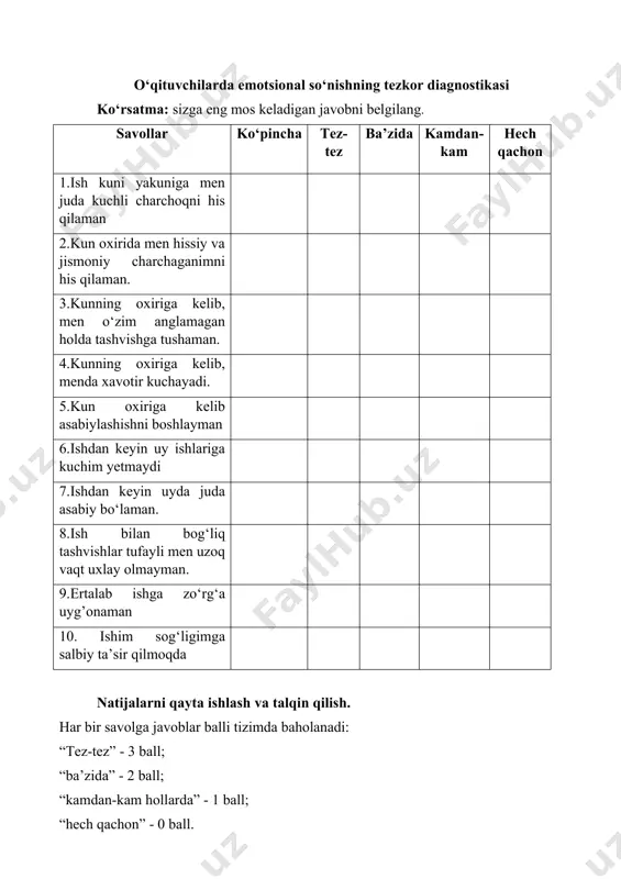topganingizdan so‘ng, iltimos, hayot sohalarini sayyoralar shaklida belgilang (bu: oila; o‘qish joyi; ish; sog‘liq; do‘stlar; qarindoshlar va do‘stlar; uy hayvonlari - sizni o‘rab turgan hamma narsa). sizning oldingizda grechka bilan to‘ldirilgan stakan bor, tasavvur qiling-a, bu sizning hayotiy energiyangiz. uni hayotingizning turli sohalariga tarqatishga harakat qiling. siz energiyangiz va o‘z kuchingizni qanday his -tuyg‘ular bilan sarflayotganingizni his etishga harakat qiling. mashqdan so‘ng, nimani his qilganigizni muhokama qilish taklif etiladi. “sharshara” relaksatsion mashq. maqsad: dam olish, ijobiy his-tuyg’ular, ijobiy energiya almashish. ishtirokchilar juftliklarga bo’linishadi oralarida 2 metr masofa qoldirib jonli yo‘lakcha hosil qilishadi. “sharsharaning shovqini” musiqasi yangraydi. ishtirokchilardan biri shakllangan yo‘lakdan o‘tadi, qolganlari esa shu bilan birga o‘z qo‘llari bilan suv oqimini tasvirlaydilar (har bir ishtirokchi xayolan yaxshilik tilab ijobiy energiyani yuboradi). trening ishtirokchilariga tavsiya va eslatmalar beriladi. kasbiy so’nishdan qochish uchun mutaxassisga yordam beradigan fazilatlar. 1. sog’liq va jismoniy holatiga ongli, maqsadli g‘amxo’rlik (sport bilan muntazam shug‘ullanish, sog‘lom turmush tarzi); …