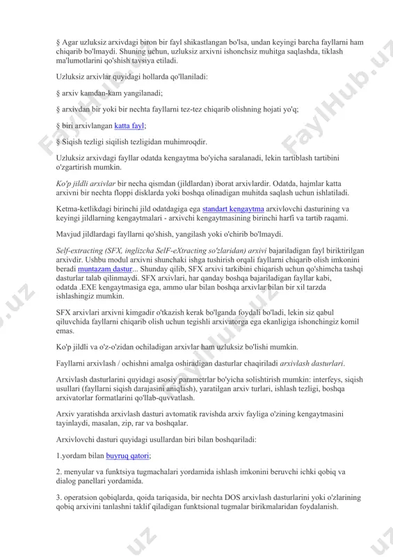 va boshqalar. uzluksiz (qattiq) arxiv toʻplangan arxivdir maxsus tarzda, unda barcha siqilgan fayllar bitta ketma-ket ma'lumotlar oqimi sifatida ko'rib chiqiladi. doimiy arxivlash siqishni nisbatini sezilarli darajada oshiradi, ayniqsa qo'shganda katta raqam kichik o'xshash fayllar. biroq, kamchiliklar ham mavjud: § mavjud uzluksiz arxivlar oddiy arxivlarga qaraganda sekinroq yangilanadi; § shifrlangan uzluksiz arxivlarni o'zgartirish mumkin emas; § uzluksiz arxivdan bitta faylni chiqarish uchun barcha oldingi arxivlangan fayllarni tahlil qilish kerak, shuning uchun chiqarib olish individual fayllar uzluksiz arxivning o'rtasidan muntazam arxivdan chiqarishdan ko'ra sekinroq. biroq, agar birinchi fayllarning barchasi yoki bir nechtasi uzluksiz arxivdan chiqarilgan bo'lsa, unda bu holda ochish tezligi oddiy arxivlar bilan deyarli bir xil bo'ladi; § agar uzluksiz arxivdagi biron bir fayl shikastlangan bo'lsa, undan keyingi barcha fayllarni ham chiqarib bo'lmaydi. shuning uchun, uzluksiz arxivni ishonchsiz muhitga saqlashda, tiklash ma'lumotlarini qo'shish tavsiya etiladi. uzluksiz arxivlar quyidagi hollarda qo'llaniladi: § arxiv kamdan-kam yangilanadi; § arxivdan bir yoki bir nechta fayllarni …
