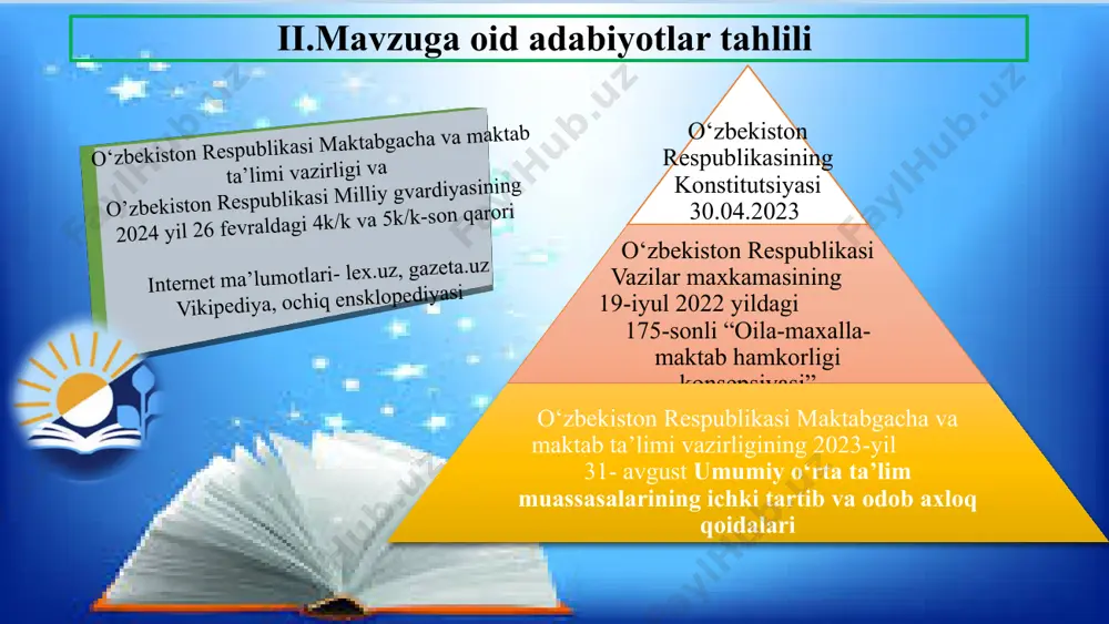 r (tyutor) tayinlash.tyutor lavozimidagi hodim yoshlarni davomati va boshqa tashkiliy ishlarni qilishi kerak tuman,shaxar mmtb bo‘limi bilan kelishilgan xolda o‘zbekiston respublikasi moliya vazirligiga taklif kiritish tuman mmtb boshlig‘i va maktab direktori va direktor o‘rinbosarlari o‘quv yili boshida o‘quvchilarni darslarga bo‘lgan qiziqishini oshirish, ko‘p dars qoldiradigan o‘quvchilarning darsga qiziqishi ortadi 3 ota-onalar bilan yaqin aloqalarni o‘rnatish, ota-onalar kengashi bilan kelishilgan holda “bir ota-ona bir kun” tamoyili asosida ota-onani maktabga taklif qilish va ta’lim samaradorligini yaxshilash ota onalar kengashi bilan kelishilgan xolda bitta ona bir kun dars jarayonida qatnashadi va dars samaradorligini yahshilsh uchun o‘z fikirlarini yozma ravishda manaviy ma’rifiy ishlar bo‘yicha direktor o‘rinbosariga taqdim qiladi maktab ma’muriyati, mahalla faollari, ota onalar kengashi, sinf rahbarlari reja asosida, o’quv yili davomida darsni kuzatayotgan ota-onani ko‘rgan o ‘quvchilarda ta’lim olish bilan birga yaxshi tarbiya xam shkillanib boradi 4 o’quvchilarning bo’sh vaqtlarini mazmunli o’tkazishini ta’minlashga qaratilgan muhim vazifalar ijrosi o’quvchi yoshlarni iqtidori, qiziqishlari doirasida maktabda …
