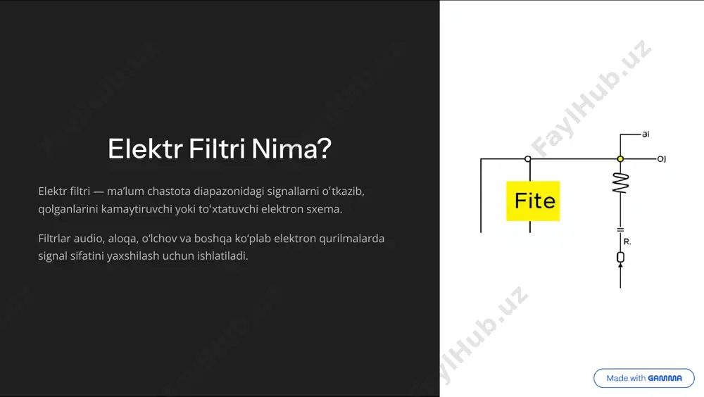 ay ishlashini aniqlaydi. me¾yorlash filtrning ishlashini standartlashtirish uchun tavsiflar va chastota diapazonlari belgilanadi. bu filtrlarning turli ilovalarda mos kelishini ta'minlaydi. https://gamma.app/?utm_source=made-with-gamma filtrlarning amaliy misollari radio qabul qilgichlar radio qabul qilgichlarda tanlangan chastotani ajratish uchun past va yuqori o»tkazuvchi filtrlardan foydalanish, faqat kerakli stansiya signalini qabul qilish. audio tizimlar audio tizimlarda shovqinni kamaytirish va tovush sifatini yaxshilash, masalan, ekvalayzerlarda ma'lum chastotalarni kuchaytirish yoki pasaytirish. https://gamma.app/?utm_source=made-with-gamma filtrlarning grafik ko8rinishi past o»tkazuvchi filtr chastota javobi grafigi: 0 hz dan kesish chastotasigacha signal o»tkaziladi, undan yuqori qismlar keskin kamayadi. bu grafikka misol. yuqori o»tkazuvchi filtr chastota javobi grafigi: kesish chastotasidan yuqori signal o»tkaziladi, past chastotalar kamayadi. bu grafikka misol. https://gamma.app/?utm_source=made-with-gamma xulosa va kelajak istiqbollari elektr filtrlari signalni tozalash va kerakli chastotani ajratishda muhim vosita bo'lib qoladi. raqamli texnologiyalar rivojlanayotganiga qaramay, analog filtrlarga talab yuqori chastotalarda va oddiy vazifalarda davom etmoqda. hisoblashda tavsiflarni me¾yorlash va chastotani o»zgartirish filtr dizaynining samaradorligini oshiradi. elektronika olamida filtrlarning ahamiyati …