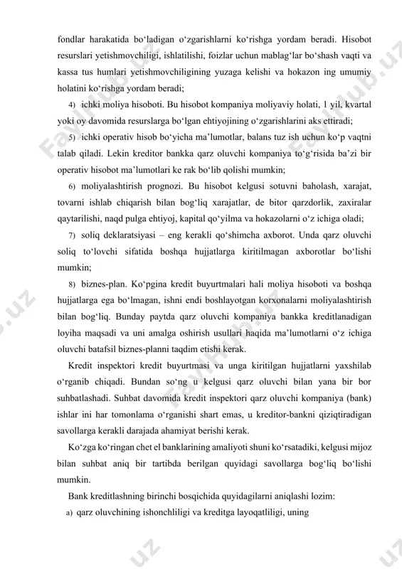 a hujjatlarga kiritilmagan axborotlar bo‘lishi mumkin; 8) biznes-plan. ko‘pgina kredit buyurtmalari hali moliya hisoboti va boshqa hujjatlarga ega bo‘lmagan, ishni endi boshlayotgan korxonalarni moliyalashtirish bilan bog‘liq. bunday paytda qarz oluvchi kompaniya bankka kreditlanadigan loyiha maqsadi va uni amalga oshirish usullari haqida ma’lumotlarni o‘z ichiga oluvchi batafsil biznes-planni taqdim etishi kerak. kredit inspektori kredit buyurtmasi va unga kiritilgan hujjatlarni yaxshilab o‘rganib chiqadi. bundan so‘ng u kelgusi qarz oluvchi bilan yana bir bor suhbatlashadi. suhbat davomida kredit inspektori qarz oluvchi kompaniya (bank) ishlar ini har tomonlama o‘rganishi shart emas, u kreditor-bankni qiziqtiradigan savollarga kerakli darajada ahamiyat berishi kerak. ko‘zga ko‘ringan chet el banklarining amaliyoti shuni ko‘rsatadiki, kelgusi mijoz bilan suhbat aniq bir tartibda berilgan quyidagi savollarga bog‘liq bo‘lishi mumkin. bank kreditlashning birinchi bosqichida quyidagilarni aniqlashi lozim: a) qarz oluvchining ishonchliligi va kreditga layoqatliligi, uning partnyor sifatidagi faoliyati doimiyligi va samarasi; b) kredit buyurtmasining asoslanganligi va kredit qaytarilishining ta’minlanganlik darajasi. bank kerak bo‘lsa …