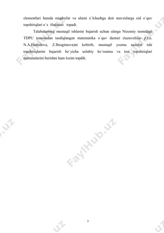 qlangan matematika o`quv dasturi (tuzuvchilar p.f.n. n.a.hamidova, z.ibragimova)ni keltirib, mustaqil yozma nazorat ishi topshiriqlarini bajarish bo`yicha uslubiy ko`rsatma va test topshiriqlari namunalarini berishni ham lozim topdik. funksiya tushunchasi. sonli funksiyalar. ularning xossalari. ta`rif 1. agar x o`zgaruvchi miqdor d sohadagi har bir qiymatiga biror usul yoki qonun bo`yicha uning e sohadagi aniq bir qiymati y mos qo`yilsa, y o`zgaruvchi miqdor x o`zgaruvchi miqdorning funksiyasi deyiladi. o`zgaruvchi x miqdor erkli o`zgaruvchi yoki argument, y miqdor esa bog`liq o`zgaruvchi yoki funksiya deyiladi. funksiyani ko`rsatishda y=f(x), u=u(x), u=ψ(x) - belgilashlardan foydalaniladi. x=x0 nuqtadagi y=f(x) funksiyaning qiymati yo bo`lsa, yo=f(xo) deb belgilanadi. ta`rif 2. o`zgaruvchi x ning f(x) funksiyasi ma`noga ega qiladigan qiymatlar to`plami funksiyaning aniqlanish sohasi deyiladi va d(f) -bilan belgilanadi. ta`rif 3. funksiyaning qabul qiladigan qiymatlar to`plami uning o`zgarish sohasi deyiladi va u e( f) - bilan belgilanadi. misol: y= - aniqlanish va o`zgarish sohasi topilsin. yechish: 4-x20 da funksiya ma`noga ega. …