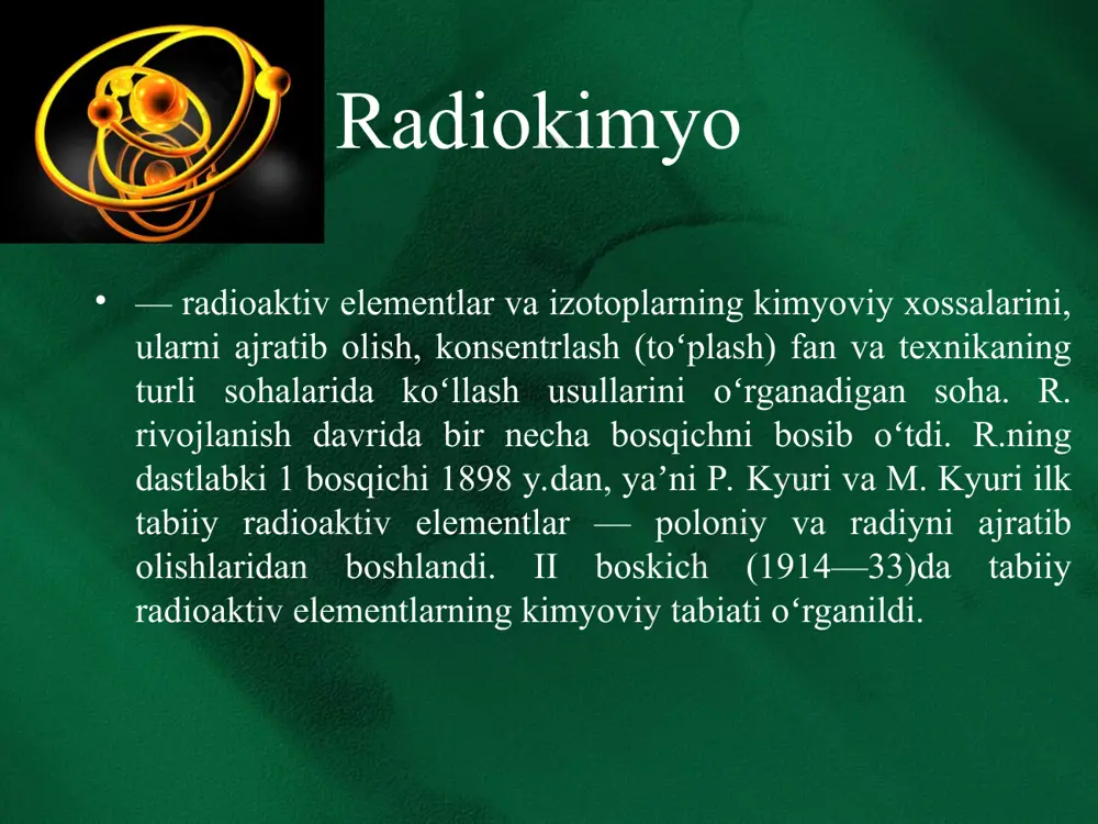 zitroniy va mezoatomlardan iborat. bu boʻlimga shartli ravishda yadro yoqilgʻisi texnologiyasini ham kiritish mumkin. amaliy r. nishonli birikmalar sintezini, radioaktiv izotoplarning fan va sanoatda (kimyo, fizika, geokimyo va b. tadqiqotlarda) qoʻllanishini oʻz ichiga oladi. radioaktiv elementlar radioaktiv elementlar - barcha izotoplari radioaktiv boʻlgan kimyoviy elementlar. tabiatda uchraydigan, tartib rakami 83 (vismut)dan katta boʻlgan barcha elementlar radioaktiv. ularni ketmaket yuz beradigan radioaktiv oʻzgarishlar zanjirlarining alohida halqalari sifatida tasavvur qilish mumkin. bir zanjir tarkibiga kiruvchi elementlar radioaktiv oila yoki radioaktiv qator hosil qiladi. tartib raqami 83 dan kichik boʻlgan r.e. ham bor. ular texnetsiy 43te va prometiy 61pm. davriy sistemada joylashgan urandan keyingi elementlar sunʼiy usulda olingan transuran elementlardir. tabiiy r.e.dan fakat uran (tartib raqami 92) va toriy (90) elementi izotoplarining yarim yemirilish davri yerning yoshiga yaqin. 238u(t,,2=4,51 mlrd. y.), 235u(713 mln.y.), 232th(14,l mlrd. y.). shuning uchun barcha tabiiy r.e. ichida faqat uran bilan toriy birlamchi r.e. hisoblanadi. qolgan barcha r.e. uzoq …