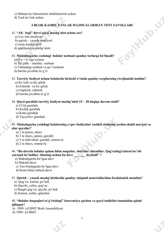 arida qanday chiqindi materiallaridan foydalanish mumkin? a) qog’oz, karton, po’kak b) qaychi, yelim, qog’oz c) rangli qog’oz, qaychi, po’kak d) somon, yelim, qalamlar 48. “bolalar huquqlari to’g’risidagi” konvensiya qachon va qaysi tashkilot tomonidan qabul qilingan? a) 1989- yil bmt bosh assambilyasi b) 1999- yil bmt c) 1991 – yil bmt bosh assambilyasi d) 1990 yil bmt 49. bolalar qaysi guruhdan boshlab plastilin bilan ishlaydi? a) kichik guruhda b) katta guruhda c) o’rta guruhda d) tayyorlov guruhda 50. “maktabgacha ta’lim konsepsiyasi“ ning bosh g’oyasi – bu ? a) ta’lim tarbiya berish jarayoni b) barkamol shaxs sifatida shakllantirish c) shaxsga yo’naltirilgan ta’limni amalga oshirish d) bolalarning bilish jarayonlarini rivojlantirish 51. 2008 – yil 7 – yanvarda o’zbekiston respublikasining qanday qonuni qabul qilingan? a) “maktabgacha ta’lim konsepsiyasi” b) “kadrlar tayyorlash milliy dasturi” c) “ta’lim to’g’risidagi qonun” d) ”bolalar huquqlarining kafolatlari” 52. y.k.babanskiyning fikriga ko’ra shakllanish - bu ? a) ta’lim tarbiya natijasida bola …
