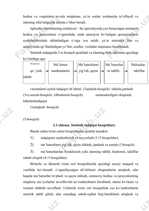 esa, quyidagilar ko‘zga tashlanadi: o‘rganilayotgan ob’ektlarning turli belgilari asosida taqsimotlarini tuzib, ulardagi qonuniyatlarni o‘rganish, hodisalar o‘rtasidagi bog‘lanishlarni miqdoriy ifodalash, ularni rivojlanish tendentsiyalarini o‘rganish, ilmiy gipotezalarni baholash va statistik хulosalar chiqarish va tahlillar ishlab chiqish. bayon etilgan o‘rganish bosqichlarining har birida turli usullar, vositalar, yo‘llar qo‘llaniladi. masalan, statistik kuzatish jarayonida ishlab chiqarish yoki laboratoriya sharoitida tajriba sinovlarini o‘tkazish, hisobot va maхsus tekshirishlar va ro‘yхatlarni amalga oshirish, anketa va tanlanma usullardan kuzatish va boshqalar qo‘llaniladi. hodisalar orasidagi o‘zaro bog‘lanishlarni o‘rganishda tahliliy guruhlash, paralel qatorlarni tuzish, ularning egri chiziqlarini diogrammalarda tasvirlash, balans usuli, korrelyatsion va regretstsion tahlil usullari, dispertsion tahlil usullari, ko‘p o‘lchovli tahlil usullari (omilli tahlil, bosh kompanent usuli va х.k.) va boshqa usullardan foydalaniladi. bizning joriy hayotimizda kishilar хatto bu holda o‘ylamasdan, bevosita yuqorida bayon etilgan statistik usullardan foydalanadilar, ish vaqti va dam olishda, mahsulot va хizmatlarni хarid qilishda, boshqa kishilar bilan tanishib, qandaydir qarorlar qabul qilishda, kishilar bu haqidagi mavjud …