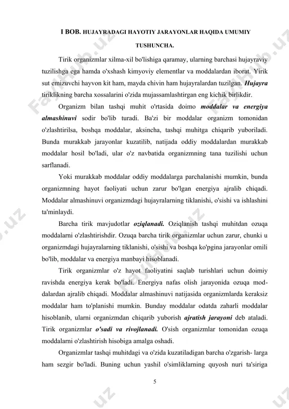 r qo'zg'aluvchanlik xususiyati bilan tavsiflanadi. shuningdek, tirik organizmlar o'zini oizi idora etish xususiyatiga ham ega bo'lib, u organizmni o'zgaruvchan tashqi muhit sharoitlariga javoban kimyoviy tarkibi va fiziologik jarayonlarning borishini ma'lum bir me'yorda ushlab turish, ya'ni gomeostaz bilan bog'liq. bunda tashqi muhitdan qandaydir ozuqa moddalarni qabul qilishi, yetishmasa organizm o'zining ichki imkoniyatlaridan foydalanishi, aksincha, ortiqcha moddalarni zaxira sifatida saqlashga o'tkazishi mumkin. bunday jarayonlar esa turli yo'llar bilan, ya'ni nerv, endokrin va boshqa ba'zi bir idora etuvchi tizimlarning faoliyati natijasida amalga oshiriladi. tabiiyki, tashqi muhitdan hujayralar ichiga zarur moddalar qanday qilib kirishi mumkin, degan savol tug’iladi. hujayralar qobig’i va sitoplazma o’zi orqali hamma moddalarni ham o’tkazavermaydi. masalan, tuproqdan hujayralar ichiga suv va unda erigan moddalar kiradi. o’simliklar hujayrasi ichiga tashqaridan kirgan turli eritmalar qayta ishlanib, hayotiy zarur moddalarga aylanadi. shunday qilib, hujayralar ichiga tashqaridan turli moddalar kiradi. bu hujayralarning hayotiy xususiyatlaridan biridir. hujayralarga xos muhim biologik xususiyatlardan biri ularning o’sishi va bo’linishidir. …