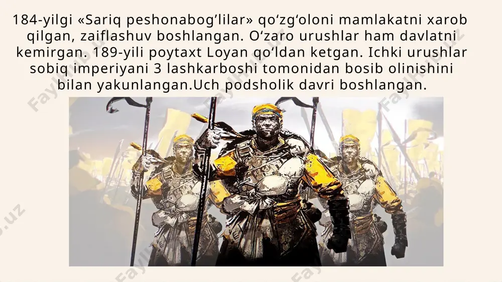 ubiy manjuriyada, lobalar ichki mo‘g‘ulistonda hukmron edilar. muyunlar xitoyliklar ko'magida hukmron yan podsholigining o‘rnatdilar. o ‘rta podsholik yerlariga g‘arbdan tibet guruhi qabilalari kelib gansu, shensi, ninsya yo’llarini egallab, sin davlatini barpo etganlar. ular dastlab muyunlar, so’ngra xanlar bilan to‘qnashganlar. lekin ko'chmanchilar podsholigi parchalab tashlangan. shimoliy xitoyda tashkil etilgari podsholiklar mustahkam bo‘lmay, odatda tez parchalanib ketardi. qadimgi xitoynlng madaniyat o‘chog‘i bo‘lgan shimol 100 yillar mobaynida jang maydoniga aylandi. iv asr oxirida g‘arbiy syabinlaming toba qabilasi o‘zaro janglarga chek qo‘ydi. shimoliy xitoy egallandi, ular dohiysi toba guy imperaiyasi deb e’lon qilindi. davlat tuzumida xitoy tajribasidan foydalanildi. 367-yili ular xitoyning o‘ziga bostirib kirdilar. toba guyning nevarasi shimoliy xitoyda shimoliy veylar sulolasi hukmronligini o‘matdi. janubiy va shimoliy davlatlar. shimoliy xitoyga ko'chmanchilarning bostirib kirishi an’anaviy tarixshunoslikda janubiy va shimoliy sulolalar davri deb nomlangan bosqichni boshlab berdi. qadimgi xitoyda iii—vi asrlardagi kabi shimol va janub o’rtasidagi qaraniti-qarshilik bo‘lmagan edi. shimoldan millionlab aholi janubga qochgan. 317-yili szyanda …