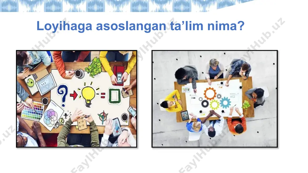 ryo bo‘yidagi manzara loyiha ishini guruhlarda tashkil etish loyiha: “mahalliy arxitektura motivlari asosida plakat yaratish” maqsad: o‘quvchilar o‘z hududining madaniy merosini o‘rganadi va vizual plakat yaratadi. bosqichlar: tadqiqot → eskiz → raqamli/qo‘l bilan ishlash → taqdimot. loyihalar mavzusi loyiha: “atrof-muhitni asrashga bag‘ishlangan kompozitsiya” maqsad: ekologik ongni shakllantirish. materiallar: qayta ishlangan materiallardan foydalanish. natija: ekologik mavzudagi vizual kompozitsiya va og‘zaki/hujjatli taqdimot. loyihalar mavzusi loyiha: “interyer kompozitsiyasini yaratish” maqsad: o‘quvchilarda dizaynerlik qobiliyatini shakllantirish. materiallar:turli ifoda meteriallardan foydalanish. natija: mavzuning vizual kompozitsiyasini va og‘zaki/hujjatli yoki maketi taqdimoti loyihalar mavzusi amaliy mashg‘ulot loyiha mavzusini tanlash forum uchun tayyorlab kelingan tarqatmalar asosida amaliy mashg‘ulot o‘quvchilarda mas’uliyat hissini oshiradi. amaliy ko‘nikmalarni rivojlantiradi. o‘ziga ishonchni kuchaytiradi. ko‘p yo‘nalishda o‘ylash va kreativ fikrlashga yordam beradi. loyiha ishining afzalliklari o’qituvchi fasilitator o‘rganishni umumiy nazorat qiladi. o‘rganilayotgan tushunchalarni chuqur tushunishlarini ta'minlash uchun tartibga solishda ko‘maklashadi. zarur vaqtda fikr-mulohazalar va baholashlar orqali javob beradi tayyor mahsulotni baholaydi va tahlil qiladi 1 …