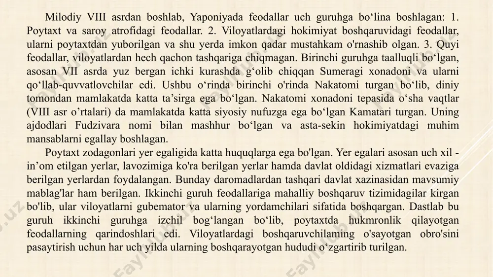 yerlari va ishlovchilari soni ortib borgan. monastirlar iqtisodiy markazlarga aylanib, uning atrofida aholi joylasha boshlagan. iqtisodiy va siyosiy jihatdan monastirlar ta’siri favqulotda ortib ketgan. imperatorlar buddaviylik peshvolari bilan ittifoqda fudzivara hokimiyatini zaiflashtirishga erishgan. bu urush 1069-1167-yillar oralig'ida yuz yilcha davom etgan bo'lib, urushlar tarixida «sobiq imperatorlar-monaxlar hukmronligi» nomi bilan kirgan. markazdagi bu urush viloyatdagi feodallarning mulklarini ko'payishi va nufuzining ortib ketishiga xizmat qilgan. xi-xii asrlarda ikkita yirik mulk-qo‘rg‘onlar vujudga kelgan: biri sharq va shimoliy yaponiyada, ikkinchisi - markaz va mamlakatning janubi-g'arbida paydo bo'lgan. birinchisi, markazdan toiiq ajralib qolgan va yerga egalik shakllari tez rivojlangani uchun, kichik mulklarning yirik mulklar bilan yaqinlashuvi hamda harbiy guruhlaming vujudga kelishi natijasida ikkinchisi ham vujudga kelgan. bundan tashqari, askarlar harbiylikdan tashqari o'z xo'jayini tomonidan kichik mulklar ham olgan. natijada, shimoli-sharqda mayda mulkchilik ko'payib borgan va yangi xizmat ko'rsatuvchi sinf - samuraylar qudratli xonadonlarning vassal xizmatchisiga aylangan. yapon shaharlari xii-xiv asrlarda kuchaygan. feodal jamiyatning dastlabki davrida …