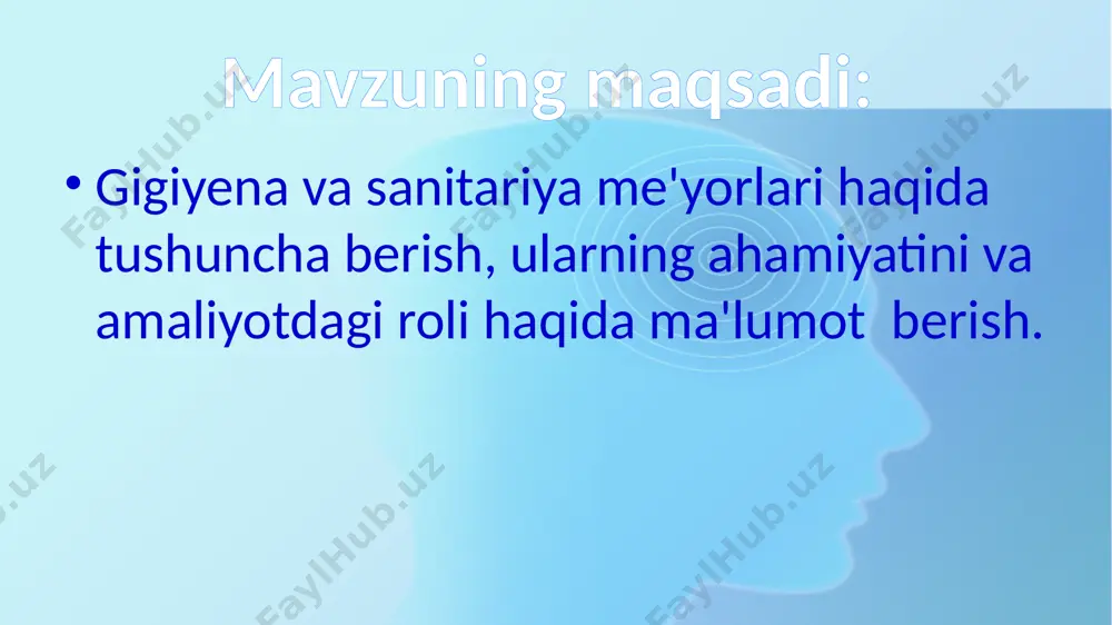 lariga avtomatik tarzda amal qilishi kerak: yuzini yuvish, ertalab va kechqurun tishlarini yuvish, yuvish, kiyim va poyabzallarini toza saqlash. biroq, shaxsiy gigiena mavjudligini bilishingiz kerak. nima? bu sog'lig'ingizni mustahkamlash va saqlash uchun amal qilish kerak bo'lgan tamoyillar. gigiyenik me’yor va reglamentlarni o‘rnatish tartibi muayyan misollarda ko‘rib chiqilishi kerak. yashash xonalarining mikroiqlimi yoki uning yoritilishiga doir gigiyenik me’yorlar tabiiy tekshirishlar asosida ishlab chiqilishi va tekshirish jarayonida tekshirilayotgan omilning turli sharoitlarda odam organizmining funksional holatiga ta’siri baholanishi kerak. masalan, (mikroiqlim uchun - issiqlikni boshqarilish, yurak-tomir sistemasi, nafas olish organlari funksiyasi, yoritilganlik uchun - ko‘rish organi va mns ). bunda tekshirilayotgan omilning shunday parametrlari gigiyenik me’yor qilib olinishi kerak-ki, u organizmning optimal funksional holatini ta’minlasin aholining eng optimal suv iste’moli me’yorlarini o‘rnatish uchun aholining ko‘pchilik qismidan anketa-so‘rovlar o‘tkazilib, keyinchalik turar joylarning kommunal obodonlashtirilganligiga bog‘liq holda suv sarfi qiymatlari hisoblab topiladi. ayrim omillarni me’yorlashtirishda tabaqalashgan me’yorlashtirish prinsipi qo‘llanadi va bunda omilning yuqori, optimal va …
