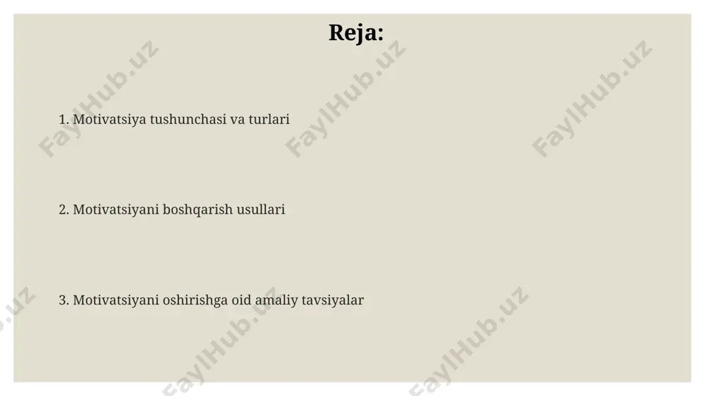 chun 5 ta trening dasturini taqdim etish va mentorlik tizimini yaratish lozim. samarqanddagi kompaniyalarning 15%ida motivatsiya darajasi pastligi, ish haqining pastligi va bonus tizimining yo'qligi bilan bog'liq bo'lib, bu holatni 20% ga oshirish uchun samarali rag'batlantirish dasturlarini joriy etish zarur. muvaffaqiyatga erishish uchun motivatsiyani oshirish muvaffaqiyatga erishish uchun, masalan, toshkentdagi 50 nafar tadbirkor orasida o'tkazilgan so'rovnoma natijalariga ko'ra, aniq maqsadlar qo'yish va ularga erishish uchun 70% hollarda samarali motivatsiya usullari qo'llanilgan. 2023-yilgi tadqiqotlar shuni ko'rsatdiki, motivatsiya darajasi yuqori bo'lgan 30% ishchilar samarqand viloyatida joylashgan kompaniyalarda o'rtacha 15% yuqori unumdorlikka erishganlar. o'zbekistonning 10 ta yirik shaharlarida o'tkazilgan eksperimentlar shuni tasdiqladiki, jamoaviy maqsadlar va 20% bonus tizimi, shaxsiy motivatsiyaga qaraganda 3 barobar yuqori natijalarga olib keldi. motivatsiya va ish samaradorligi 2023-yilgi tadqiqotlar shuni ko'rsatdiki, toshkentdagi kompaniyalarning 70%ida motivatsiya dasturlari ish samaradorligini 15-20% ga oshirgan. motivatsion treninglar natijalariga ko'ra, andijon viloyatidagi 300 nafar xodimdan 85% i o'zlarining ishga bo'lgan munosabatlarini ijobiy o'zgartirganini bildirgan. …