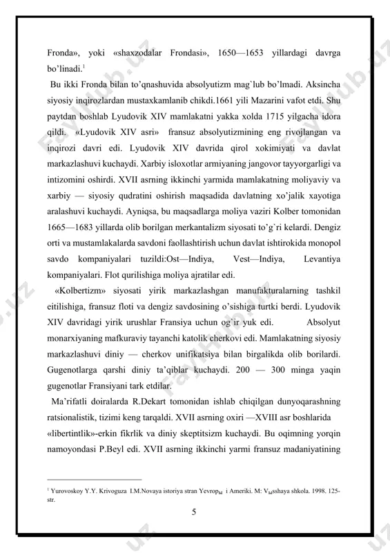 ik akademiyalari, observatoriya tuzilgan edi. 1694 yili «fransuz tiliniig lug`ati» nashr etildi.[footnoteref:2] [2: yurovoskoy y.y. krivoguza i m.novaya istoriya stran yevropы i ameriki. m: vыsshaya shkola. 1998. 128-str. ] badiy madaniyatda klassitsizm yo’nalishi xukmronlik qilar edi. adabiyotda p.kornel, j.rasin, j.b.moler, me’morchilikda f.mansar ijodlarini ta’kidlash mumkin. xvii asrning oxiri — xvsh asrning boshlarida fransiyani ichki va xalqaro axvoli yomonlashdi. xviii asrda fransiyada kapitalistik munosabatlarning rivojlanishi tezlashdi.bu jarayon bilan bog`liq o’zgarishlar jamoat ongida, jamiyatning ijtimoiy tarkibida bo’lib o’tardi. bunday xolatda sodir bo’layotgan jarayonlar xukumronlik qilayotgan feodal absolyutistik tuzum bilan ziddiyatga kelar edi. bu ziddiyatning chukurlashuvi va keskinlashuvi 1789 yilda boshlangan buyuk fransuz inqilobiga olib keldi. xviii asrning o’rtalariga kelib fransuz ma’rifatchilari feodal absolyut tuzumning ijtimoiy—siyosiy va mafkuraviy ustunlarini ayovsiz tanqidga olib, «idrokda inqilob» yasashdi. ma’rifatchilar o’yg`onish davri gumanistlarining g`oyalarini davom ettirib, jamiyatning asosiy maqsadi-inson baxti deb xisoblarshadi. ma’rifatchilarning daxolari mari fransua volter (1694-1778), sharl lui monteske (1689-1755), deni didro (1719-1784), jan jak …