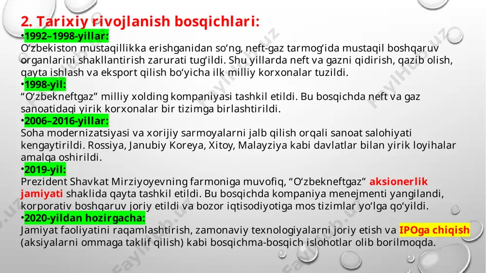 agistral gaz quvurlari orqali tashiladi, masalan: – "markaziy osiyo – xitoy" gaz quvuri – "o‘zbekiston–qozog‘iston–rossiya" yo‘nalishi ichki va tashqi bozordagi faoliyati, strategik ahamiyati 1. ichki bozordagi faoliyati: “o‘zbekneftgaz” aj o‘zbekiston ichki energetika tizimining asosiy tayanchi hisoblanadi. kompaniyaning ichki bozorga yo‘naltirilgan faoliyati quyidagilardan iborat: aholini tabiiy gaz bilan ta’minlash – respublika bo‘yicha millionlab xonadonlar tabiiy gaz bilan ta’minlanadi. bu jarayon “hududgazta’minot” bilan hamkorlikda olib boriladi. sanoat korxonalarini gaz bilan ta’minlash – katta zavodlar, elektr stansiyalar, sement va metallurgiya sanoati kabi tarmoqlar uchun asosiy yoqilg‘i manbai. mahalliy neftni qayta ishlash va mahsulotlarni ishlab chiqarish – ichki ehtiyoj uchun benzin, dizel, motor moylari, gaz ballonlari, plastmassa xomashyosi va boshqa kimyo mahsulotlari ishlab chiqariladi. narxlarni barqarorlashtirishdagi roli – davlat kompaniyasi sifatida ichki narx siyosatini nazorat qilish va ijtimoiy himoyani ta’minlashda muhim rol o‘ynaydi. 2. tashqi bozordagi faoliyati: “o‘zbekneftgaz” so‘nggi yillarda xalqaro hamkorlikni kengaytirdi va eksport hajmini oshirmoqda: asosiy eksport mahsulotlari: – tabiiy gaz, suyultirilgan …