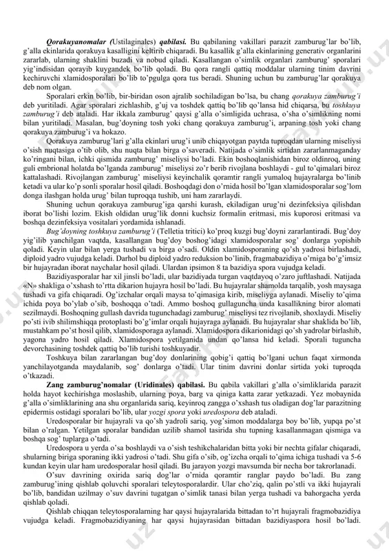ushishi bilan unda miseliy yoki mevatana hosil bo’ladi. miseliylarning asosiy qismi substrat orasida joylashib, osmos qonunn asosida oziq moddalarni so’rib oladi. zamburug’lar vegetativ, jinssiz va jinsiy ko’payadi. vegetativ ko’payish miseliyning alohida bo’laklarga bo’linishi hisobiga bo’ladi. jinssiz va jinsiy ko’payish organlari turlicha ko’rinishda bo’lganligi uchun, ularning tuzilish xususiyatlari zamburug’larning sistematikasiga asos bo’lgan. jinssiz ko’payishi zoospora, sporangiospora, va kanidiosporalar ishtirokida boradi. zoosporalar va sporangiosporalar ona hujayra sporangiyda, konidiya esa miseliyning uchida yoki yonida konidiyabandi deb ataluvchi gifalarda hosil bo’ladi. jinsiy ko’payishi esa, ikkita jinsiy hujayra va ularning yadrolari qo’shilishi bilan yuzaga keladi. bazi bir turlarida jinsiy jarayon natijasida zigota, boshqalarida esa maxsus sporalar: xaltachali zamburug’larda endogen askosporalar, bazidiyalarda ekzogen bazidiosporalar hosil bo’ladi. bu sporolardan yangi zamburug’ tanasi rivojlanadi. zamburug’lar quyidagi sinflarga bo’linadi. 1sinf. arximisetsimonlar yoki xitridiomisetsimonlar archimycedopsida yoki chytridiomycedopsida. 2 sinf. oomisetsimonlar - oomycedopsida. 3 sinf. zigomisetsimonlar - zygomycedopsida. 4 sinf. xaltachali zamburug’lar yoki askomisetsimonlar- ascomycedopsida. 5 sinf. bazidiyali zamburug’lar yoki bazidiyamisetsimonlar …