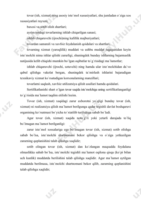 atda berilmasa, iste`molchi shartnomani bekor qilib, zararning qoplanishini talab qilishga xaqlidir; iste`molchining xayotiga, sog`lig`iga, yoxud mol-mulkiga zarar yetkazilishiga sabab bo`lsa, u ishlab chiqaruvchi (ijrochi, sotuvchi) oldiga qonun xujjatlarida nazarda tutilgan talablarni qo`yishga xaqlidir. iste`molchining tovar (ish, xizmat) xaqidagi noto`g`ri yoki yetarli darajada to`liq bo`lmagan ma`lumot tufayli yetkazilgan zararni qoplash to`g`risidagi talablari sotib olingan tovar (ish, xizmat) ning xossalari va jixatlari xaqida iste`molchi maxsus bilimga ega emas degan taxminga asoslanib qarab chiqiladi. noto`g`ri reklama oqibatida sotib olingan tovar (ish, xizmat) tufayli yetkazilgan zarar ishlab chiqaruvchi (ijrochi, sotuvchi) tomonidan to`liq xajmda qoplanishi lozim. ishlab chiqaruvchi va sotuvchining iste`molchi oldidagi majburiyatlari iste`molchi shartnoma tuzish yo`li bilan tovarni (ish, xizmatni) erkin sotib olish xuquqiga ega bo`lib, bu shartnomaga ko`ra sotuvchi (ishlab chiqaruvchi, ijrochi) iste`molchiga muayyan miqdordagi va maqbul sifatli tovarni mulk qilib topshirish (ish bajarish, xizmat ko`rsatish) majburiyatini o`z zimmasiga oladi. narxnoma bilan qo`yilgan tovarlar hamda tovar (ish, xizmat) lar xaqida iste`molchilar e`tiboriga xavola …