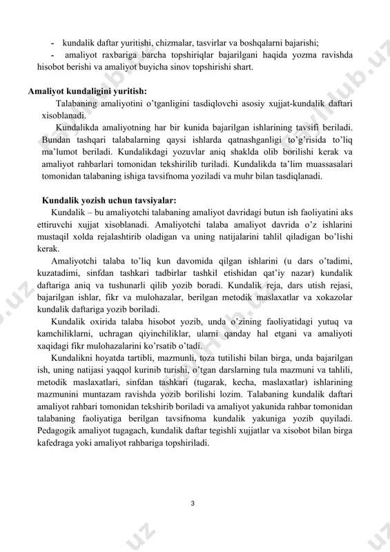 rni qanday hal etgani va amaliyoti xaqidagi fikr mulohazalarini ko’rsatib o’tadi. kundalikni hoyatda tartibli, mazmunli, toza tutilishi bilan birga, unda bajarilgan ish, uning natijasi yaqqol kurinib turishi, o’tgan darslarning tula mazmuni va tahlili, metodik maslaxatlari, sinfdan tashkari (tugarak, kecha, maslaxatlar) ishlarining mazmunini muntazam ravishda yozib borilishi lozim. talabaning kundalik daftari amaliyot rahbari tomonidan tekshirib boriladi va amaliyot yakunida rahbar tomonidan talabaning faoliyatiga berilgan tavsifnoma kundalik yakuniga yozib quyiladi. pedagogik amaliyot tugagach, kundalik daftar tegishli xujjatlar va xisobot bilan birga kafedraga yoki amaliyot rahbariga topshiriladi. amaliyotga yo’llanma i. farg’ona davlat universitetining sirtqi bo’limi “____________________” yo’nalishi ____-kurs _________ -guruhtalabasi _________________________________________________ ning malakaviy amaliyot o’tkazish uchun: ___________________________________________________________________ (amaliyot o’tkaziladigan muassasa) ______hafta _____kunga _______dan _______gacha bo’lgan muddatga yuborilmoqda. amaliyot rahbari: ____________________________________________________ asos: fardu rektorining____________________________sonli buyrug’i. ii. talabaning ishlab chiqarish amaliyotini o’tadigan to’g’risidagi ma’lumot: 1. amaliyot o’tadigan manzilga keldi: _____________________y. 2. _______ -maktab______-sinfiga biriktirildi. 3. amaliyotni yakunlagan farduga yuboriladi________________ yil. (imzo), (muhr) iii talabaning faoliyatiga …