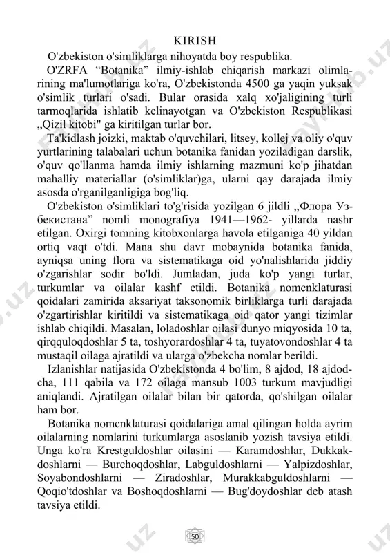 ar; ajdodchaga — kabi; qabilaga — namo, dor; oilaga — dosh, guldosh affikslarini qo'shib yozishni tavsiya etamiz. darsliklarda ko'p ishlatiladigan birlik — oilalarning ilmiy va o'zbekcha nomlarini yozishda juda ko'p chalkashliklarga yo'l qo'yildi. mana shulardan ayrimlari: torondoshlar oilasi — otquloqlar yoki grechixalar, yalpizdoshlar oilasi — yasnotka yoki labguldoshlar, loladoshlar oilasi — liliyadoshlar, ra'nodoshlar oilasi —roza-doshlar, atirguldoshlar, deb yozib kelindi. bo'limdan turkumgacha bo'lgan sistematik birliklarni aniq tasavvur etish maqsadida „botanika nomenklaturasining xalqaro kodeksi" (rus tilida) hamda juda ko'p ilmiy asarlar, darsliklar va lug'atlar o'rganilib, qiyoslandi va tahlil qilindi. № ilmiy (lotincha) nomi qo'shimcha-lari o'zbekcha nomi qo'shimcha-lari 1 regnum (vegetabile) — o'simliklar dunyosi — 2 subregnum (vegetabile) — o'simliklar dunyo-chasi (kichikdunyosi) — 3 divisio phyta bo'lim toifa 4 subdivision phytina bo'limcha, kichik bo'lim singari 5 classis opsida ajdod (sinf) simon, shag 6 subclassis idea ajdodcha (sinfcha) kichik ajdod kabilar 7 ordo ales qabila(tartib) namo, dor 8 subordo ineae qabilacha, kichik qabila 9 …