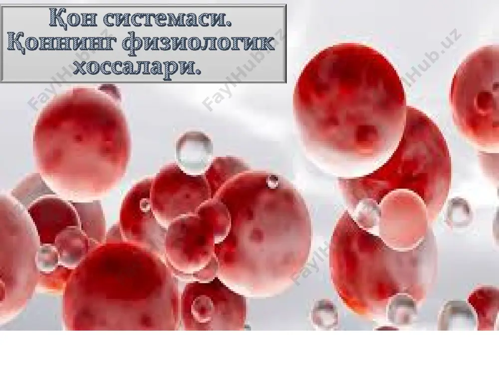 ҳосил қилади (плазма осмотик босимининг 1/200) рн ни сақлаш (буфер хосса). қон ёпишқоқлигини сақлаш (артериал босим учун муҳим). қон ивишида иштирок этади (фибриноген ва б.). иммунитет омили ҳисобланади (иммуноглобулинлар, комплемент оқсиллари). транспорт функция (гормон, микроэлементларни ташиш). қон плазмаси оқсилларининг аҳамияти: қон плазмаси оқсилларининг аҳамияти: озиқлантирувчи функция (пластиклик) эритроцитларнинг чўкишига тўсқинлик (альбумин) қилади ёки тезлаштиради (глобулин). протеазалар ингибитори ҳисобланади (антитрипсин – трипсин ингибитори). модда алмашинуви – функцияларни бошқаради, (оқсилли гормонлар, ферментлар). қон билан тўқима ўртасида сув тақсимланишини таъминлайди рн = 7.35-7.45, эритроцитлар = 7.18-7.2, ҳужайра ичи = 7.0-7.2; ёпишқоқлиги: бутун қон = 5.0, плазма = 1.7-2.2; солиштирма оғирлиги: бутун қонники = 1.050-1.060, эритроцитлар = 1.090, плазма = 1.025-1.034; осмотик босими = 7.6 атм; онкотик босими = 0.03-0.04 атм, 25-30 мм.сим.уст; музлаш ҳарорати = -0.56-0.58°с; глюкоза миқдори = 4.4-6.6 ммоль/л. қоннинг асосий константалари: қоннинг буфер тизимлари: гемоглобин буфер тизими қоннинг барча буферликнинг 75% қисмини ташкил қилиб, қайта тикланган гемоглобин hhb ва унинг …