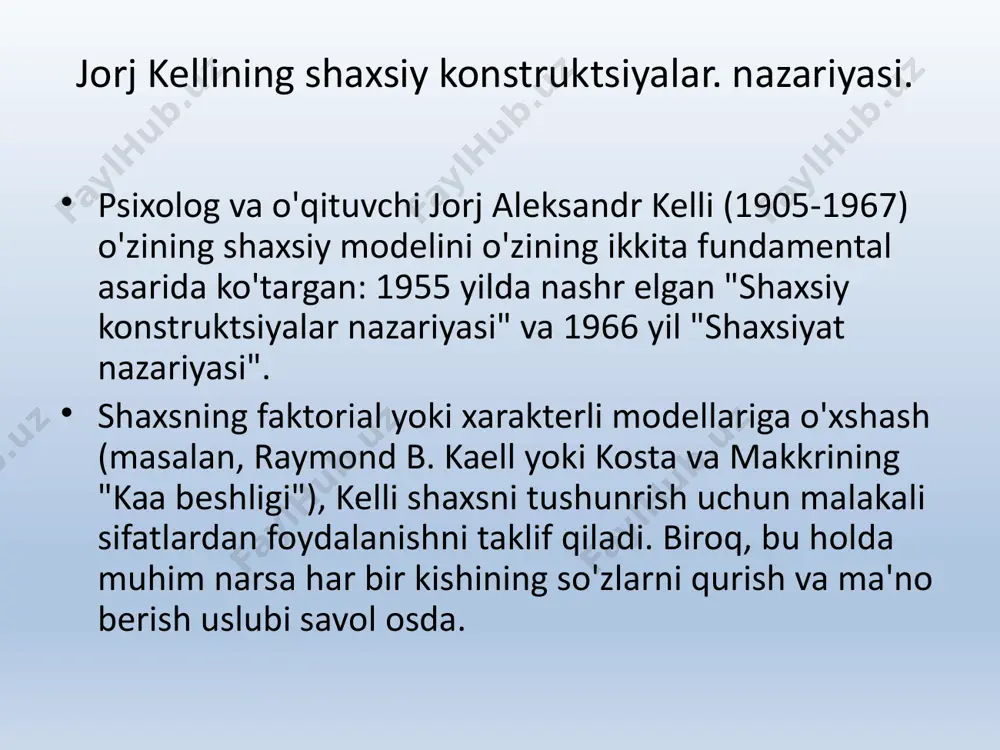 a ko'ra shaxsiyatning qanday rivojlanishini tushunish uchun juda foydali. 1. qurilish odamlar haqiqatning aqliy modellarini yaratish uchun mavhum fikrlashdan foydalanadilar va ular bilan birga voqealarni bashorat qiladilar. a) ha, o'tmishdagi voqealardan biz kelajakni kutmoqdamiz. 2. individuallik odamlar o'rtasidagi psixologik tafovutlar ularning tuzilish tizimlari o'rtasidagi o'xshashlik darajasiga, ya'ni haqiqatni aqliy qurish yo'llari o'rtasidagi bog'liqlikka bog'liq, chunki aynan shu narsa xulq-atvor va aqliy tarkibni belgilaydi. 3. tashkilot shaxsiy konstruktsiyalar tizimlari ular qo'llanilish doirasiga ko'ra ierarxik tarzda tashkil etilgan. bu turli xil konstruktsiyalarni taxmin qilishda qarama-qarshiliklardan qochishga imkon beradi, chunki har doim katta vaznga ega bo'lganlar bo'ladi. 4. ikki tomonlama aytganimizdek, kelliga ko'ra odamlar qarama-qarshi juft atamalardan voqelikni konseptualizatsiya qilamiz, masalan, "issiq-sovuq" yoki "asabiy-xotirjam".qutblardan faqat bittasi ma'lum bo'lganda, biz uni suv ostida qurilgan deb aytamiz. 5. tanlash keng konstruktiv tizimlar ko'plab hodisalarni bashorat qilishga imkon beradi, ammo xato xavfi katta; aksincha, cheklovlar muvaffaqiyatsizlik ehtimolini minimallashtiradi, ammo kamroq voqealarni kutadi. xavfli xarakterga ega odamlar …
