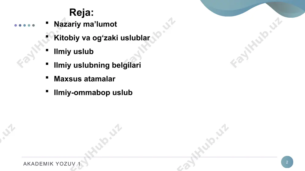 hisoblanadi. akademik yozuv 1 8 ilmiy uslub nutqning ilmiy uslubi ilmiy munosabat sohasida amalga oshiriladi. u bir necha uslubostilarga (kichik uslub) ega: shaxsiy - ilmiy (mutaxassislar munosabati uchun), ilmiy-ta’limiy (bo‘lajak mutaxassislarning munosabati uchun), ilmiy-ommabop (mutaxassis bo‘lmaganlar orasida ilmiy bilimlarni ommalashtirish uchun). ilmiy uslub janrlari og‘zaki shaklda ma’ruza, doklad, ilmiy munozarada aks etsa, yozma shaklda esa keyslar, taqrizlar, maqolalar, monografiya, dissertatsiyalarda namoyon bo‘ladi. akademik yozuv 1 9 ilmiy uslubning belgilari ilmiy uslubning ba’zi belgilari: fikrning puxta tayyorlangan monologik xarakterda bo‘lishi, matn qismlari orasida aniq aloqaning mavjudligi, ilmiy tushunchalarni aniq ajratish, qisqalik va ifodalashning bir ma’noliligi. ilmiy uslubning o‘ziga xos xususiyati terminlarning — ilmiy tushunchaga ega maxsus so‘zlarning mavjudligi hisoblanadi. akademik yozuv 1 10 maxsus atamalar maxsus atamalar - bu uslubning leksikasini tashkil qiladi, unda adabiy me’yorga qat’iy rioya etilgani holda majhul nisbatdagi fe’llar va murakkab qurilishli gaplar keng ishlatiladi. ilmiy uslub bilimning turli sohalariga qarab, shuningdek, kimga mo‘ljallanganligiga nisbatan o‘zaro farqlanadi. …