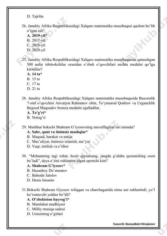 durroj” hikoyasi muallifi kim? a. alisher navoiy* b. sa’diy sheroziy c. quddus muhammadiy d. ramz bobojon 43. “sher va durroj” hikoyasida durroj qaysi yomon odati uchun salbiy oqibatga duch keldi? a. yolg’onchiligi* b. sotqinligi c. chaqimchiligi d. dangasaligi 44. muvaffaqiyat kaliti – bu …… a. halollik* b. rostgo’ylik c. odob d. aql tuzuvchi: bunyodbek mirzajonov