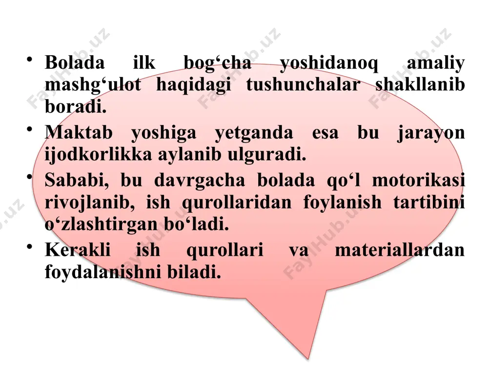 lagan bilimlarini amalda qo’llay olsinlar. 1-4-sinflar uchun tashkil etiladigan ish turlari 1. texnologiya va texnologik vositalar 2. texnik konstruksiyalash va modellashtirish 3. qogʻoz va karton bilan ishlash 4. tabiiy va turli materiallar bilan ishlash 5. robototexnika asoslari 4. zamonaviy kasblar 5. milliy hunarmandchilik qog‘oz turlari qog’ozni buklash usullari qog’ozni yirtish qog’ozni bukilgan joyidan chizg’ich yordamida yirtish qog’ozni bukilgan joyidan pichoq yordamida yirtish qog’ozni bukilgan joyidan qaychi yordamida yirtish qog’ozni yopishtirish qog’ozni o’lchash etiboringiz uchun raxmat! image1.jpeg image2.png image3.png image4.png image5.png image6.jpeg image7.jpeg image8.png image9.png image10.jpeg image11.jpeg image12.png image13.png image14.png image15.png image16.png image17.png /docprops/thumbnail.jpeg