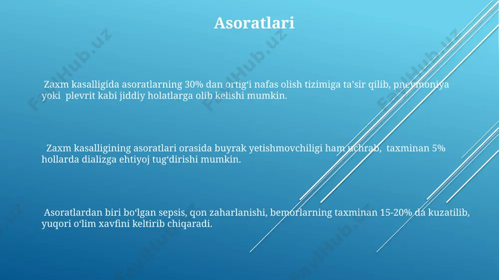 i. bemorning ahvoli va kasallikning bosqichiga qarab, rejalashtirilgan tekshiruvlarga rentgenografiya, kt yoki mrt kabi tasvirlash usullari, shuningdek, biopsiya ham kiritilishi mumkin, bu esa 7-14 kun oralig'ida takrorlanishi mumkin. rejalashtirilgan tekshiruvlar doirasida, zaxm kasalligiga chalingan bemorlarning 20-30%ida kuzatiladigan, yurak-qon tomir tizimining holatini baholash uchun ekg va ekokardiyografiya kabi qo'shimcha tekshiruvlar ham o'tkazilishi mumkin. dastlabki alomatlar taxminan 5-10% hollarda, toshma paydo bo'lishi bilan birga, qon ketishi, qon quyilishi va ichki organlarning shikastlanishi bilan bog'liq og'ir asoratlar kuzatilishi mumkin. ko'p hollarda, kasallikning boshlanishida qusish, diareya va umumiy holsizlik kabi gastroitestinal simptomlar ham namoyon bo'ladi, bu esa bemorning 1-3 kun ichida shifokorga murojaat qilishiga sabab bo'ladi. zaxm kasalligining dastlabki alomatlari orasida 2-7 kun ichida tana haroratining 38-40°c gacha ko'tarilishi, kuchli bosh og'rig'i va mushak og'rig'i kuzatiladi. zaxm kasalligi nima? kasallikning diagnostikasi klinik koʻrinishlar, laboratoriya tekshiruvlari (masalan, qon tahlili, pcr) va epidemiologik ma'lumotlarga asoslanadi. tezkor diagnostika va davolanish oʻlim xavfini sezilarli darajada kamaytiradi. zaxm kasalligining …